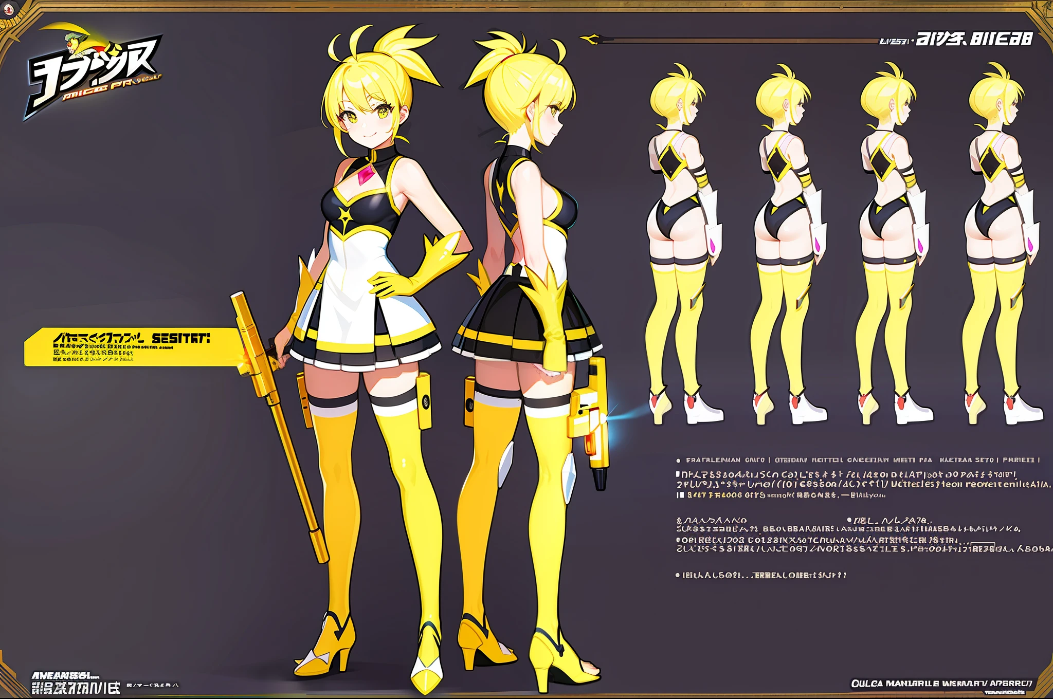 masterpiece,(best quality) magical girl,Lazer gun, yellow, spikey hair, medium sized breasts, unique design, barefoot,( ( character concept art ) )