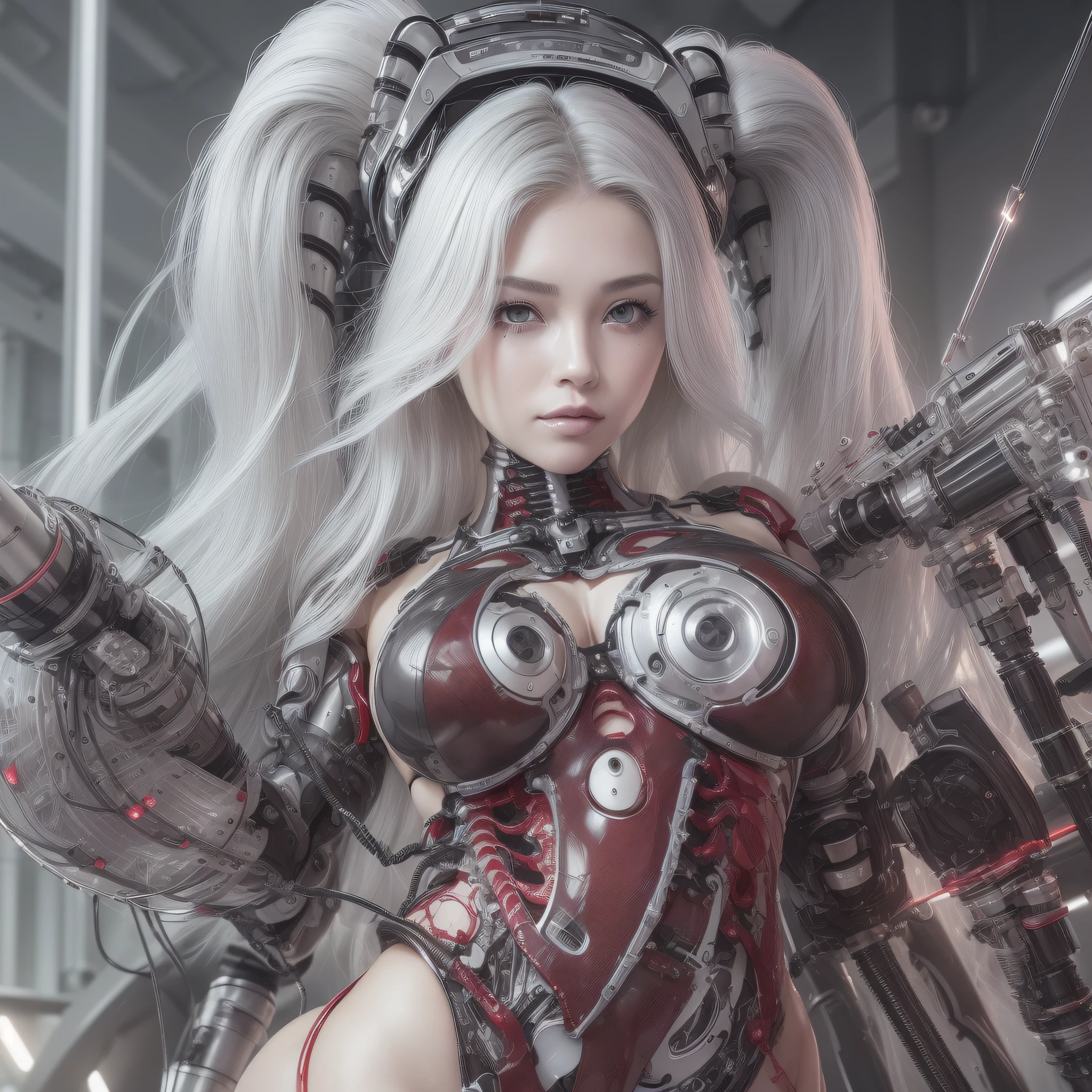 Beautiful Face,face is Japan, 1 Female, Big, Curvaceous, Top Quality, Masterpiece, Ultra Detailed, (Tube Attached Blood Vessel)((Bikini Cyborg Robot Parts)))), (Light Grey Hair), Long Hair, Wavy Hair, Twin Tails, Medium Shot, (((Seductive Smile)), (Black Eyes), Princess Cut,From Below, (whole body ),posing,,in the laboratory,( blood vessel connected to a tube),((mechanical vertebrae attached to the back)),((mechanical neck attached to the neck)),(wire cable attached to the head and body),(character focus),science fiction,