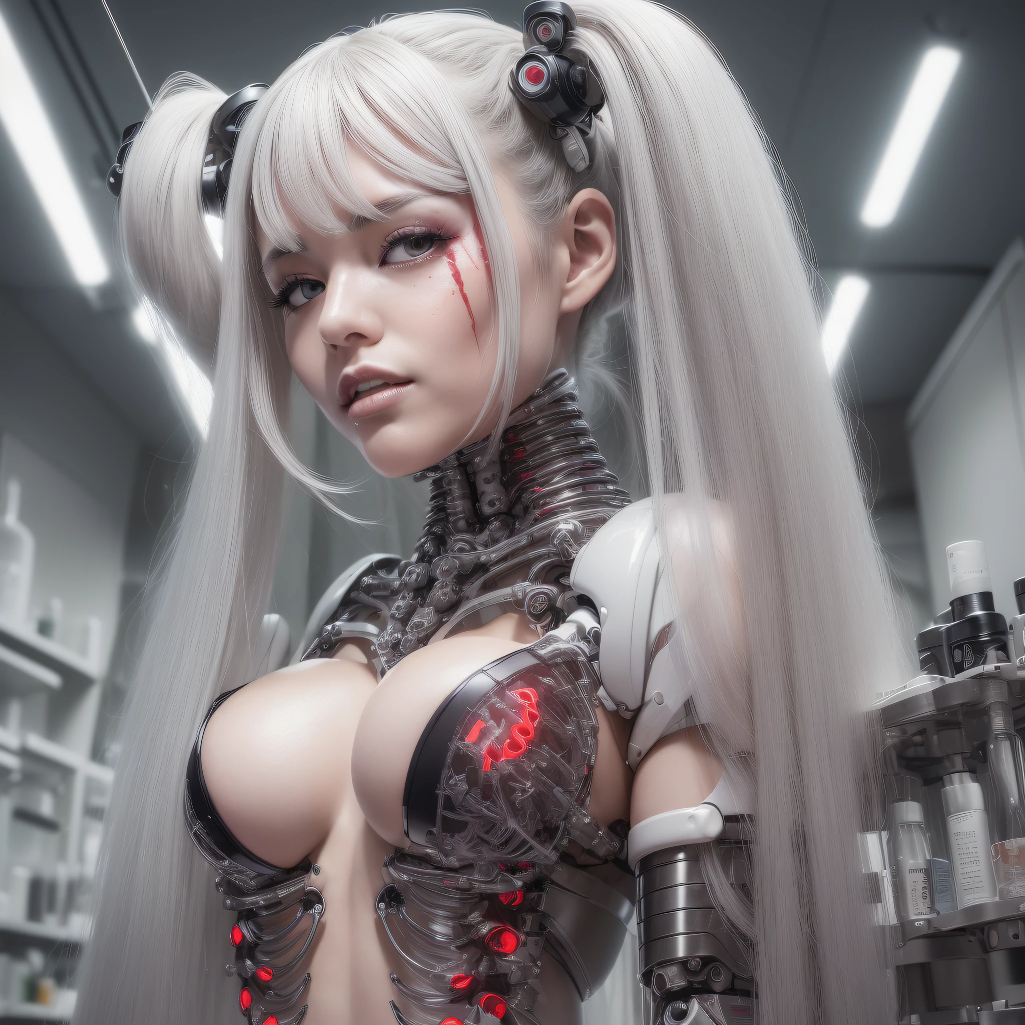 Beautiful Face,face is Japan, 1 Female, Big, Curvaceous, Top Quality, Masterpiece, Ultra Detailed, (Tube Attached Blood Vessel)((Bikini Cyborg Robot Parts)))), (Light Grey Hair), Long Hair, Wavy Hair, Twin Tails, Medium Shot, (((Seductive Smile)), (Black Eyes), Princess Cut,From Below, (whole body ),posing,,in the laboratory,( blood vessel connected to a tube),((mechanical vertebrae attached to the back)),((mechanical neck attached to the neck)),(wire cable attached to the head and body),(character focus),science fiction,