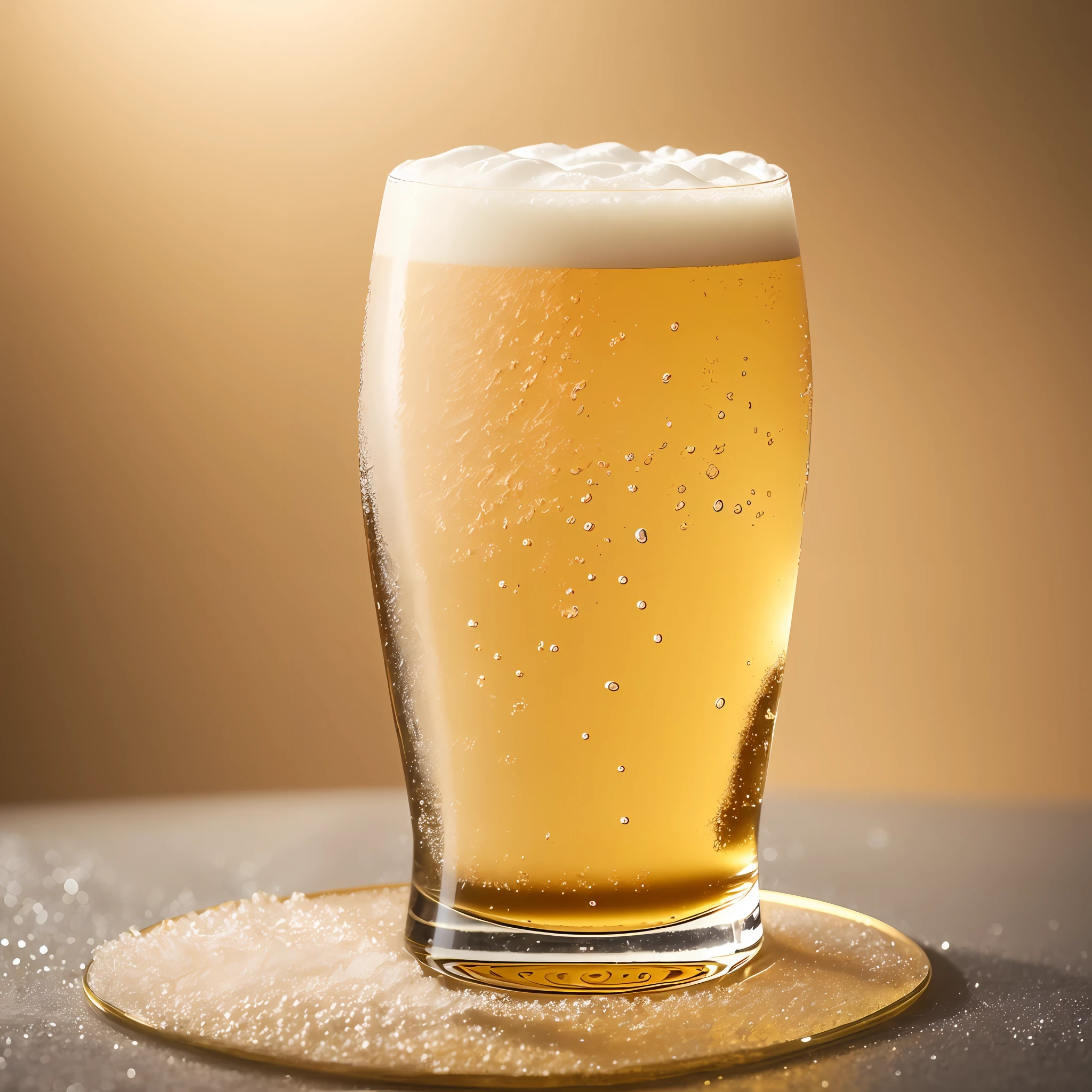 Crystalline beer opo, overflowing with a creamy white foam, reflecting the golden light of the environment. The glass rests on a textured surface, enhancing its inviting and fresh appearance. Capturing the perfect moment to enjoy a cold and refreshing drink, the image conveys the feeling of satisfaction and relaxation. --Air 4:5 --auto --s2