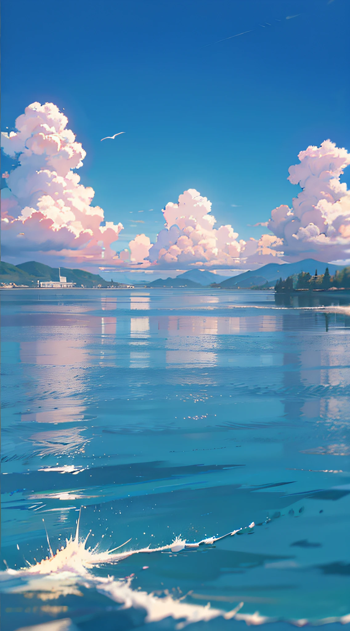 no humans, scenery, vanishing point, from below, masterpiece, best quality, 8k, absurdres, water surface, summer, noon, sunlight, blue sky, perspective, depth of field, highres, finely detail, ultra-detailed, sharp focus