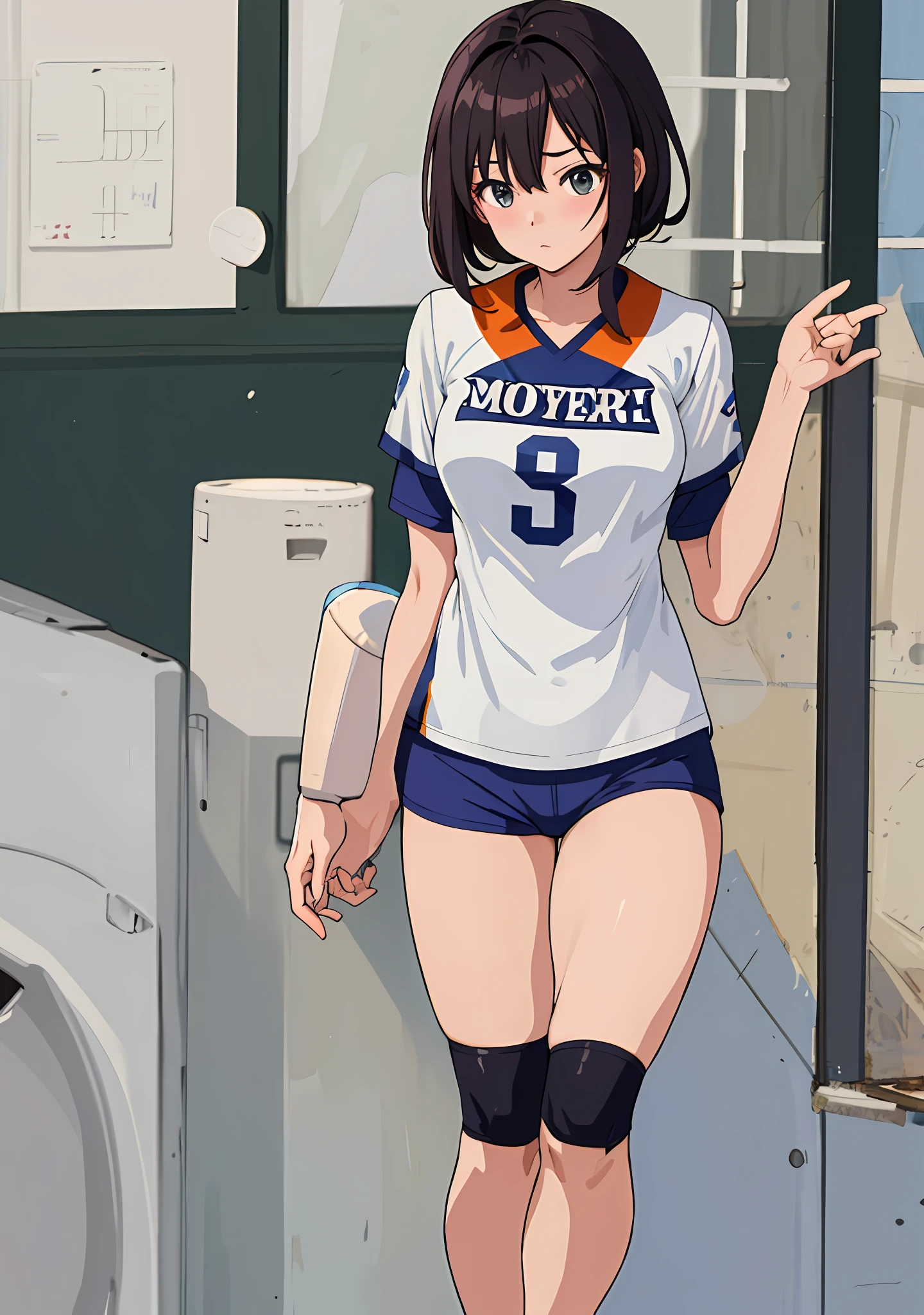 (masterpiece, best quality), 1girl, nsfw, volleyball uniform, shy, displaying, medium chest, shorts, shapely legs, thick thighs