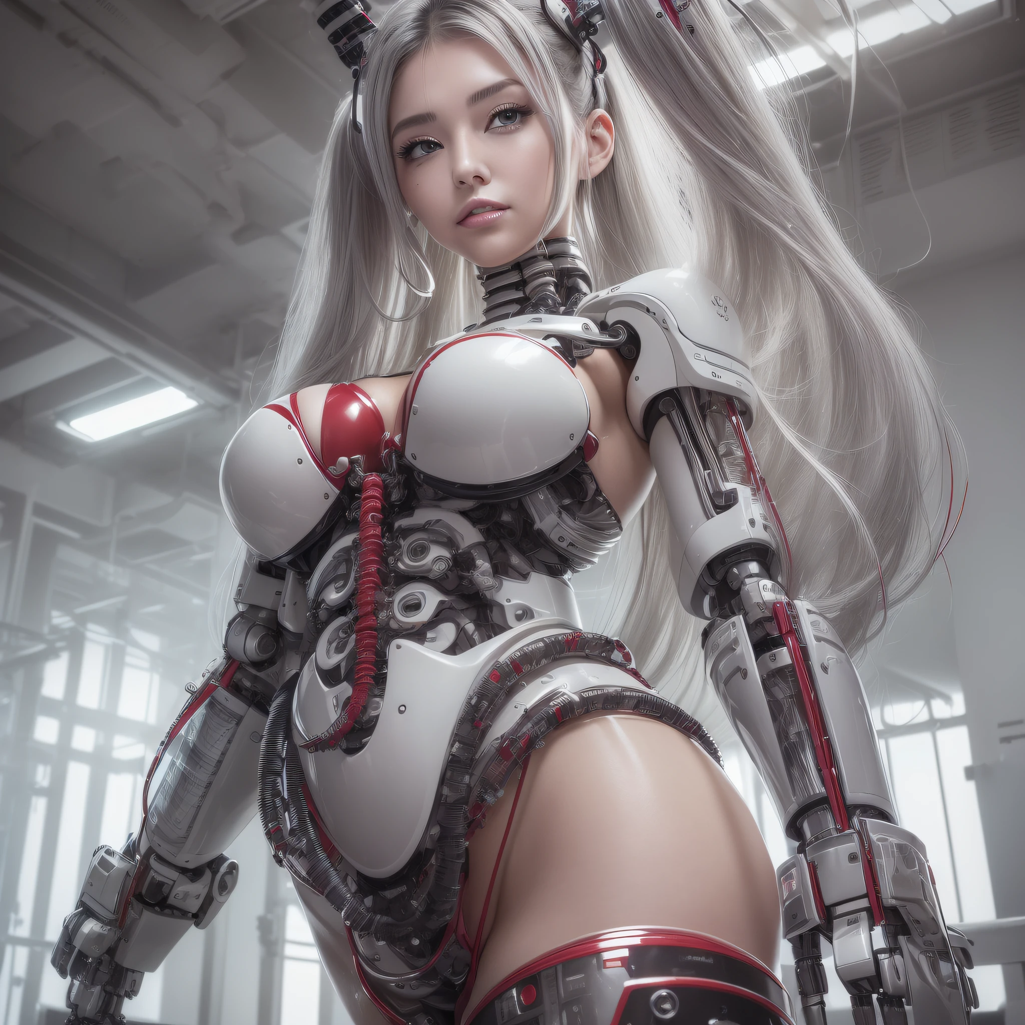 Beautiful Face,face is Japan, 1 Female, Big, Curvaceous, Top Quality, Masterpiece, Ultra Detailed, (Tube Attached Blood Vessel)((Bikini Cyborg Robot Parts)))), (Light Grey Hair), Long Hair, Wavy Hair, Twin Tails, Medium Shot, (((Seductive Smile)), (Black Eyes), Princess Cut,From Below, (whole body ),posing,,in the laboratory,( blood vessel connected to a tube),((mechanical vertebrae attached to the back)),((mechanical neck attached to the neck)),(wire cable attached to the head and body),(character focus),science fiction,
