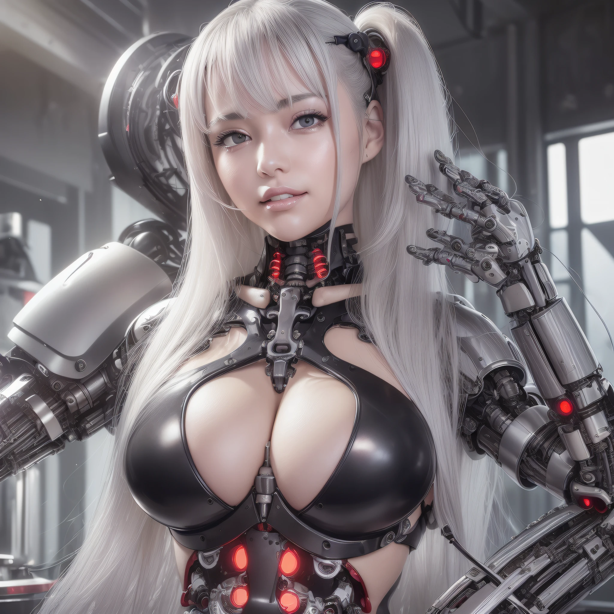 Beautiful Face,face is Japan, 1 Female, Big, Curvaceous, Top Quality, Masterpiece, Ultra Detailed, (Tube Attached Blood Vessel)((Bikini Cyborg Robot Parts)))), (Light Grey Hair), Long Hair, Wavy Hair, Twin Tails, Medium Shot, (((Seductive Smile)), (Black Eyes), Princess Cut,From Below, (whole body ),posing,,in the laboratory,( blood vessel connected to a tube),((mechanical vertebrae attached to the back)),((mechanical neck attached to the neck)),(wire cable attached to the head and body),(character focus),science fiction,