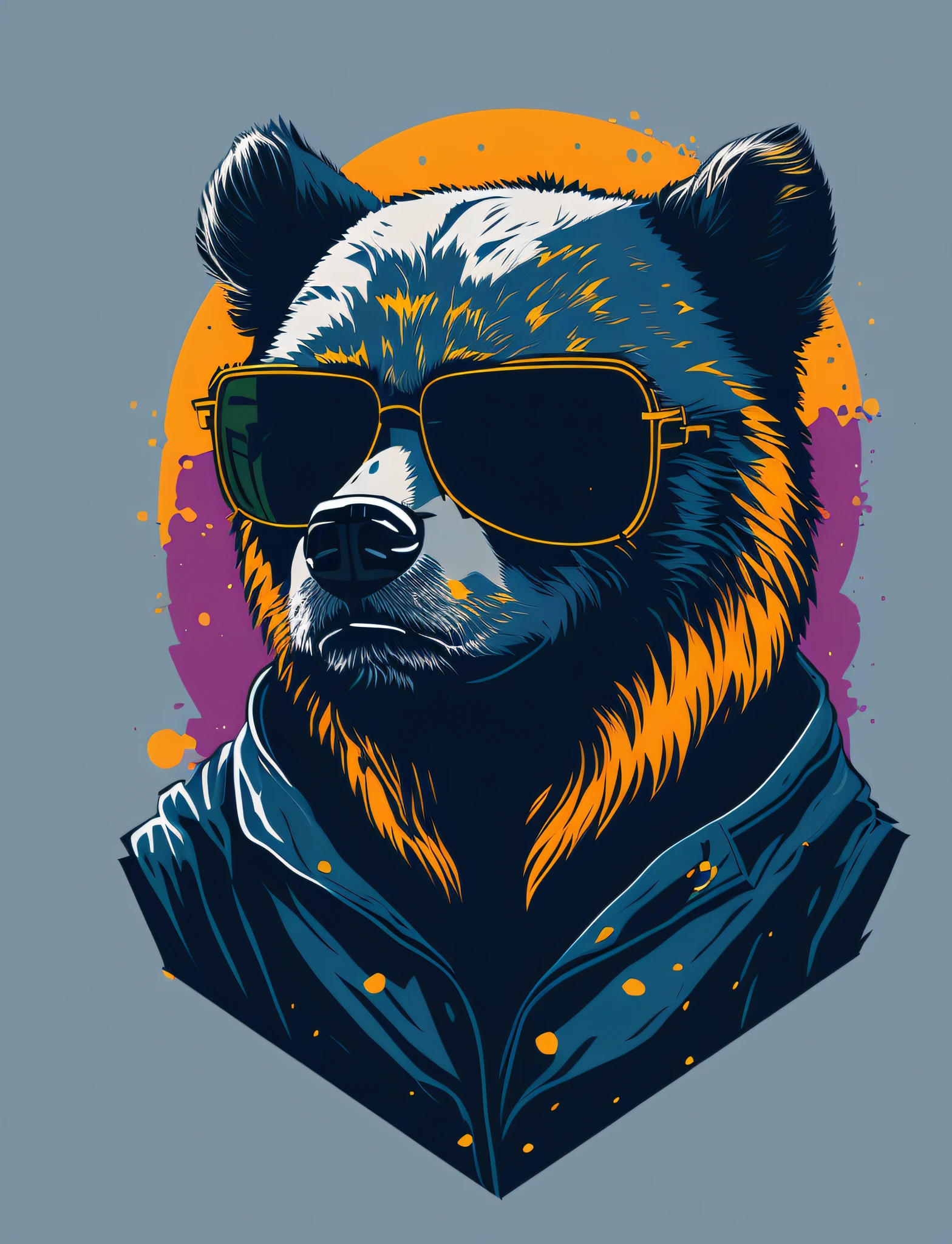 there is a bear wearing sunglasses and a jacket, ( bear wearing sunglasses, portrait of anthropomorphic bear, in style of digital illustration, looking heckin cool and stylish, vector art style, art of alessandro pautasso, highly detailed vector art, extremely high quality artwork, half grizzly bear, angry bear, anthropomorphic samurai bear, grizzly