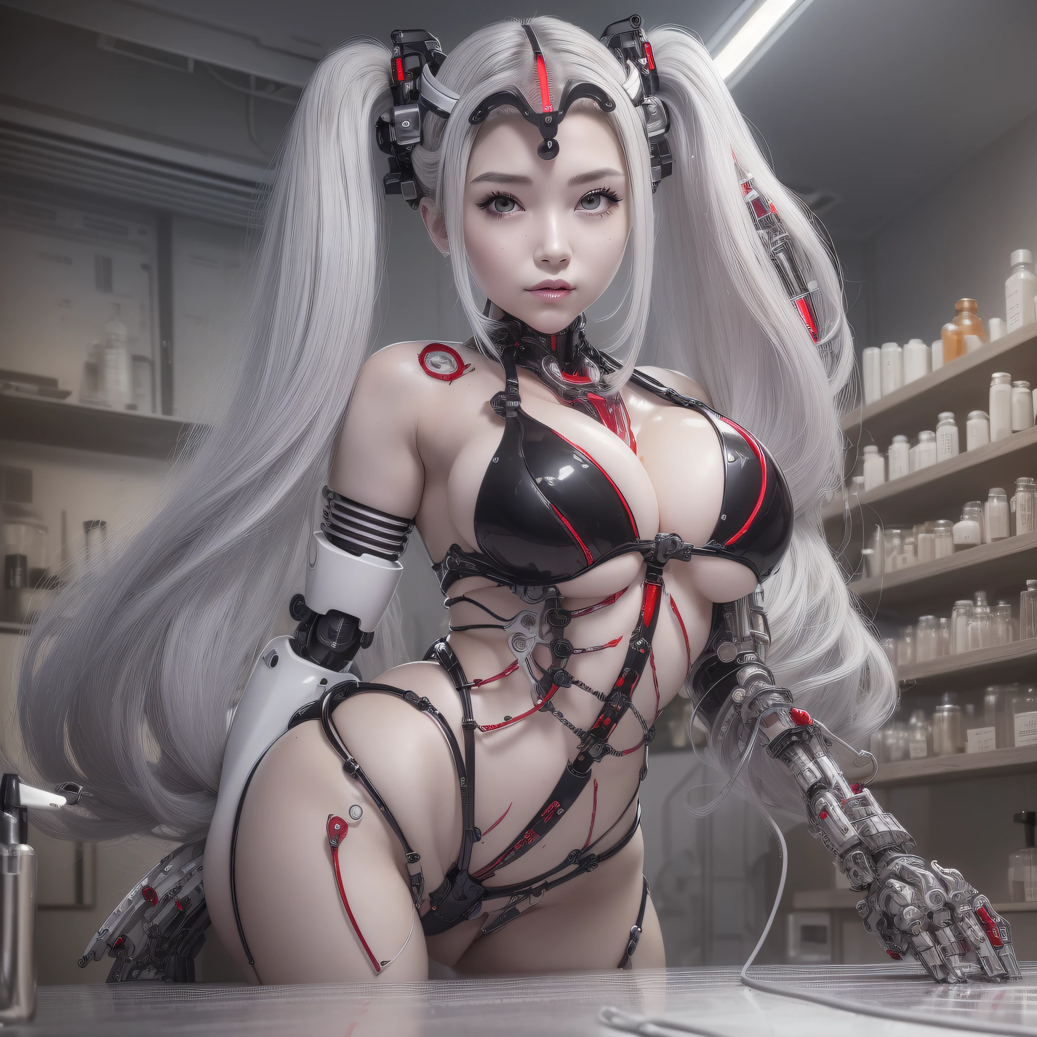 Beautiful Face,face is Japan, 1 Female, Big, Curvaceous, Top Quality, Masterpiece, Ultra Detailed, (Tube Attached Blood Vessel)((Bikini Cyborg Robot Parts)))), (Light Grey Hair), Long Hair, Wavy Hair, Twin Tails, Medium Shot, (((Seductive Smile)), (Black Eyes), Princess Cut,From Below, (whole body ),posing,,in the laboratory,( blood vessel connected to a tube),((mechanical vertebrae attached to the back)),((mechanical neck attached to the neck)),(wire cable attached to the head and body),(character focus),science fiction,