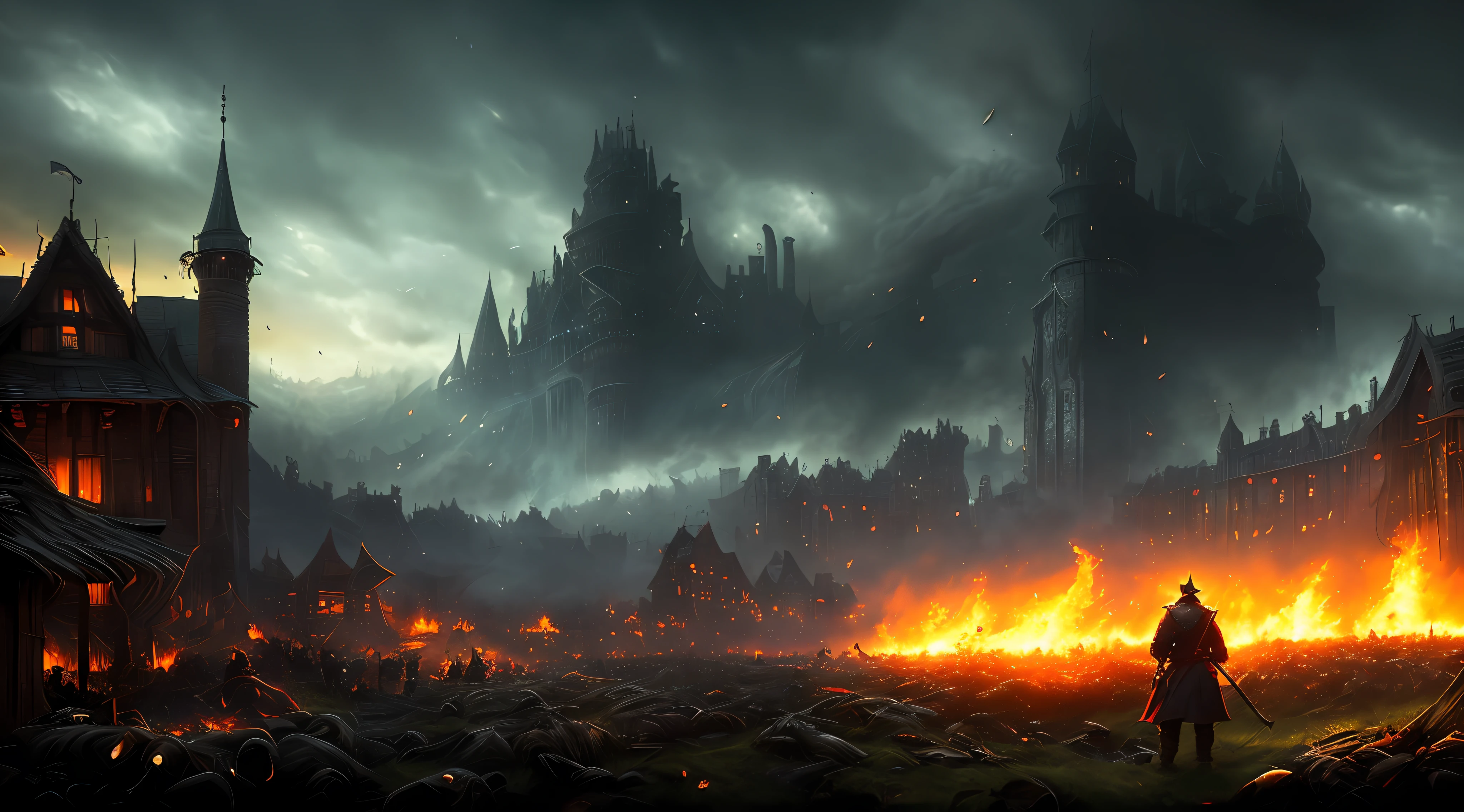 (8k unit wallpaper CG extremely detailed, masterpiece, best quality, ultra-detailed), (((solo))), ((wide shot:1.5)), (a warrior watched the battle from afar, hidden behind a hill), (chaos in the medieval city, he could see the flames of the torches that illuminated the darkness of the night, as the battle continued to roar in the field below,  War of the Realms), medieval, magnificent scene, dark sinister environment, illustrator, (best illustration)