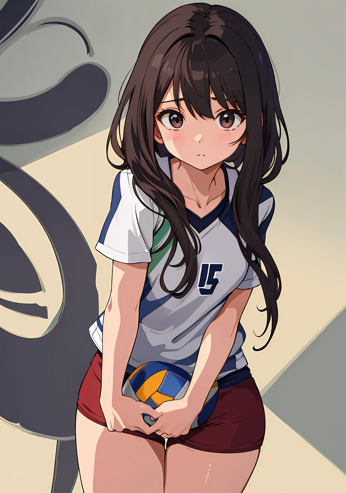 (masterpiece, best quality), 1girl, nsfw, volleyball uniform, shy, displaying, medium chest, shorts, shapely legs, thick thighs