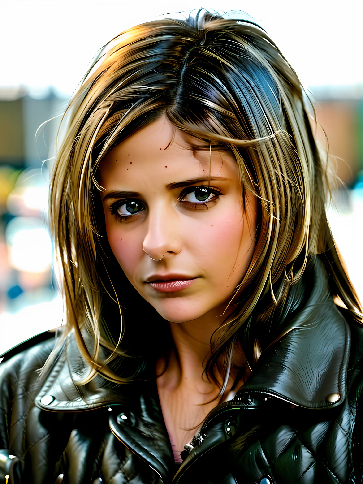 ((photorealistic)), extremely high quality RAW photograph, very detailed urban decay background, messy hair, Exquisite details and textures, highly detailed, portrait of (SarahMG) staring aggressively into the camera, (wearing a leather jacket:1.3), ultra detailed photograph, cool lighting, artstation, 4k, sharp focus, high resolution, detailed skin, detailed eyes, 8k uhd, dslr, low harsh lighting, high quality, film grain, Fujifilm XT3, sad:1.3