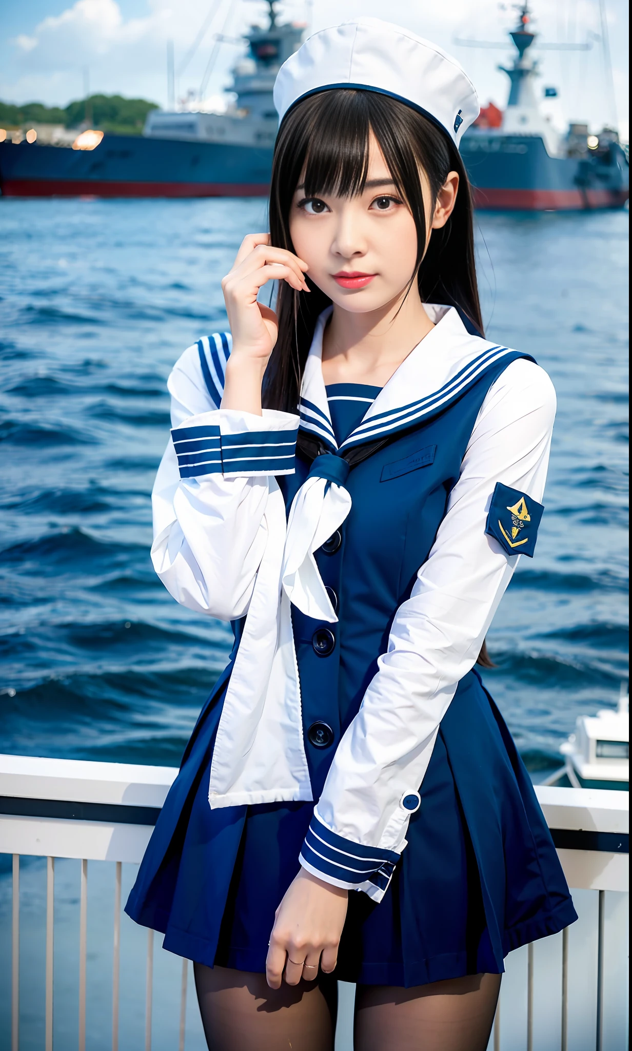 Ala Fed image of woman in sailor suit with gun, Kantai Collection style, girl on board a warship, bridge, deck, hangar, anime girl cosplay, shooting pose, azure fleet, sailor suit, gun, ship kore, real life anime girl, soldier girl, anime thai girl, girl front line style, beautiful face, beautiful eyes,