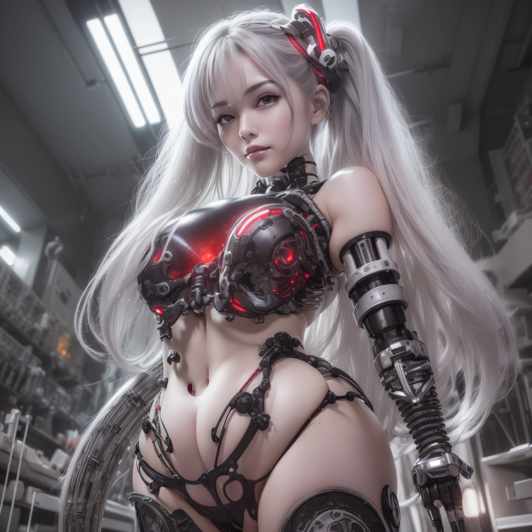 Beautiful Face,face is Japan, 1 Female, Big, Curvaceous, Top Quality, Masterpiece, Ultra Detailed, (Tube Attached Blood Vessel)((Bikini Cyborg Robot Parts)))), (Light Grey Hair), Long Hair, Wavy Hair, Twin Tails, Medium Shot, (((Seductive Smile)), (Black Eyes), Princess Cut,From Below, (whole body ),posing,,in the laboratory,( blood vessel connected to a tube),((mechanical vertebrae attached to the back)),((mechanical neck attached to the neck)),(wire cable attached to the head and body),(character focus),science fiction,