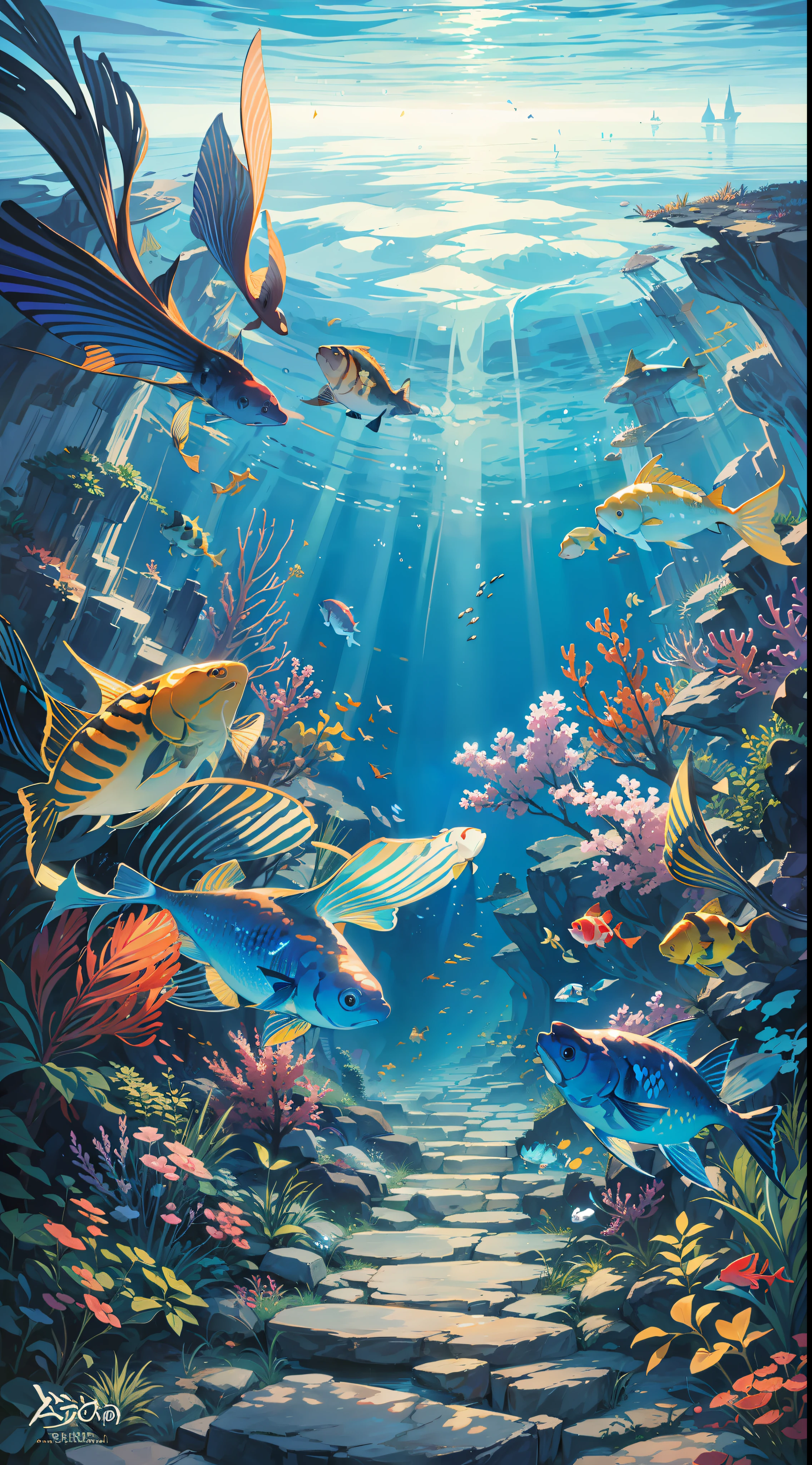 (artwork) image of an underwater view, as if it were seen from the bottom up towards the sky, with colorful and beautiful fish, sunlight passes through the crystal clear water, high details, masterpiece, 8k, anime, dramatic lighting, special effects