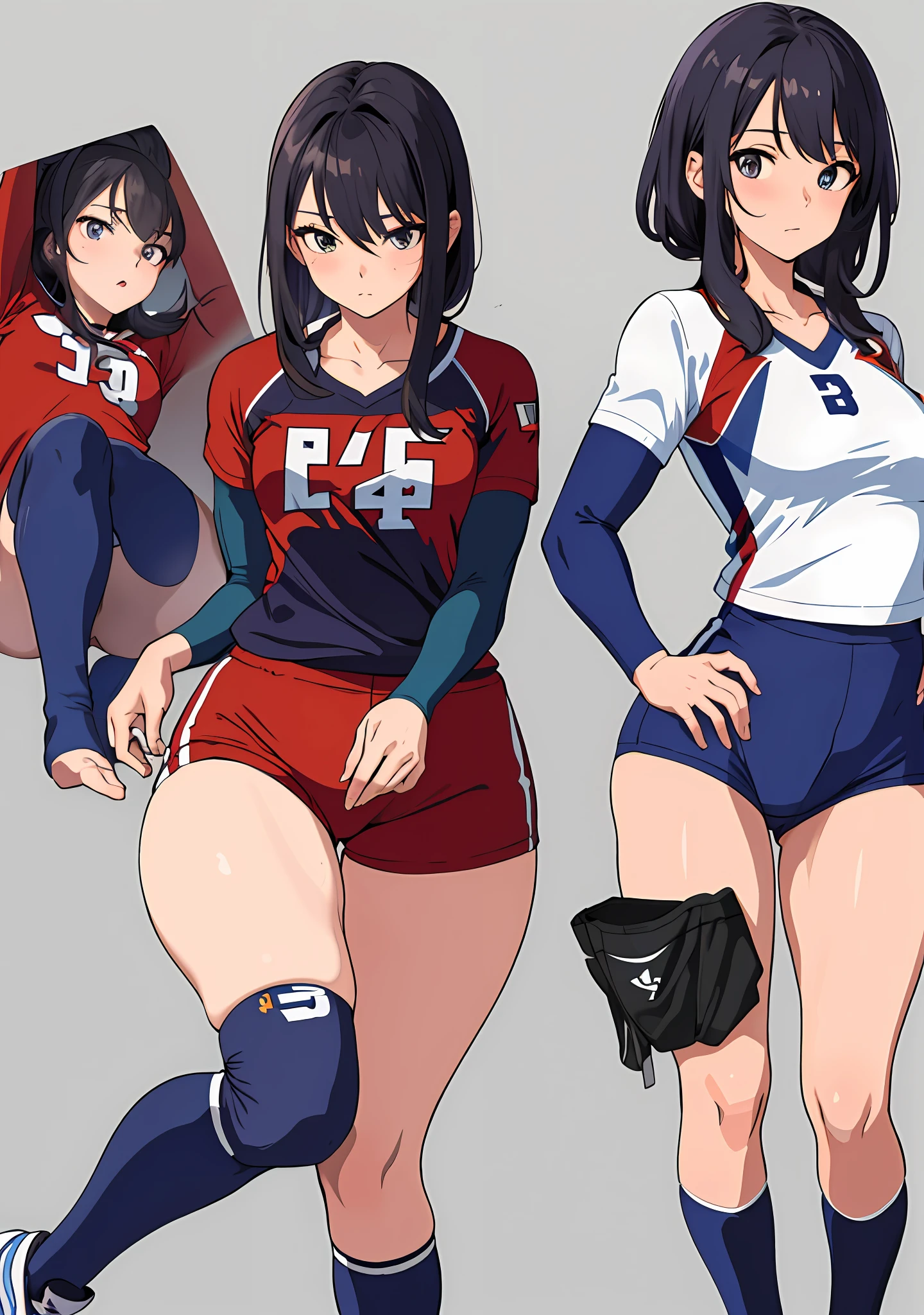 (masterpiece, best quality), 1girl, nsfw, volleyball uniform, shy, displaying, medium chest, shorts, shapely legs, thick thighs