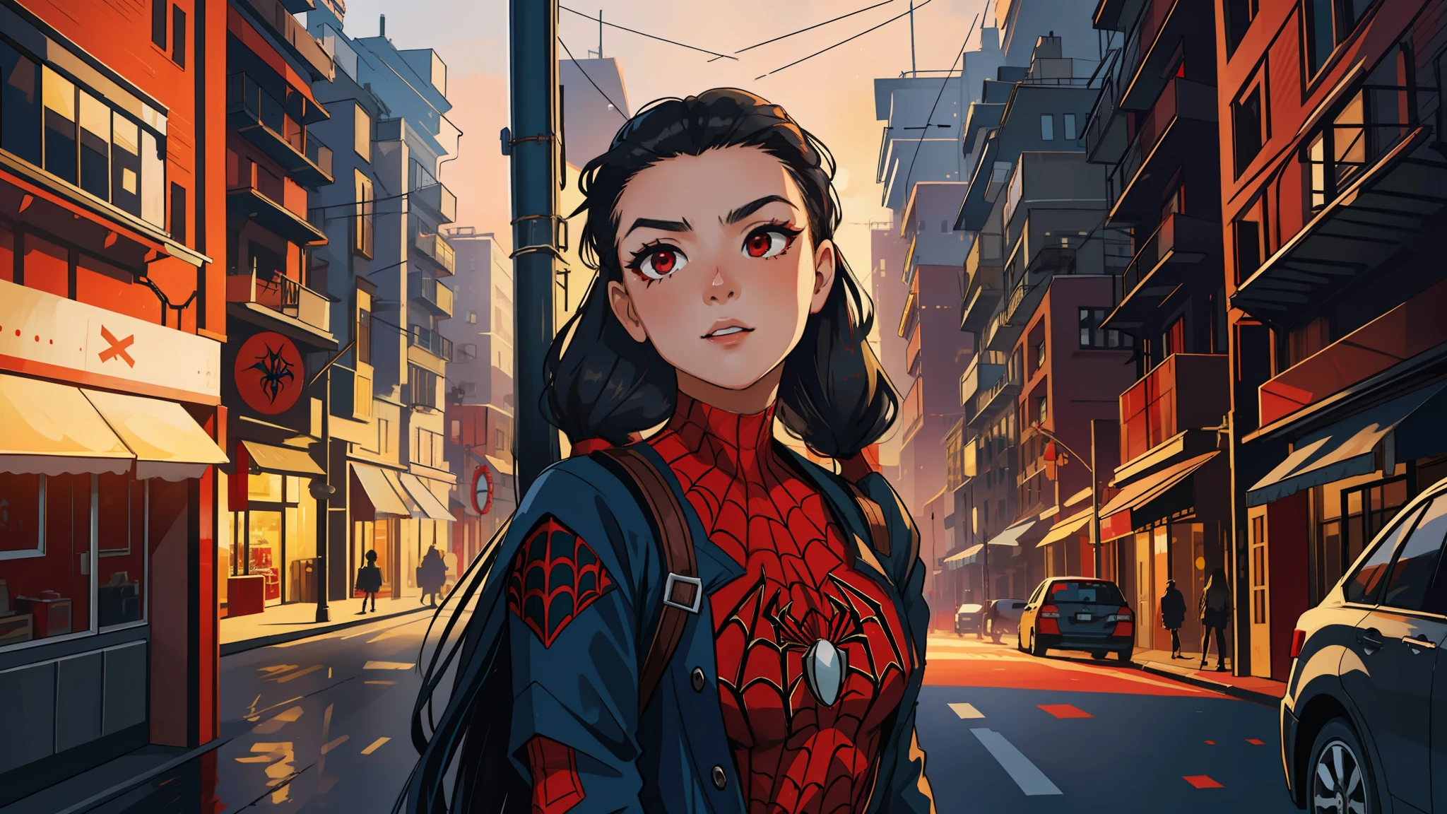 (masterpiece, best quality), intricate details, 8k, artstation, wallpaper, official art, splash art, sharp focus,
1girl, long hair, twin tails, red eyes, black hair, 
 spider-man costume, spider web print, spider web,  
skyscraper, city, buildings, cars, street,