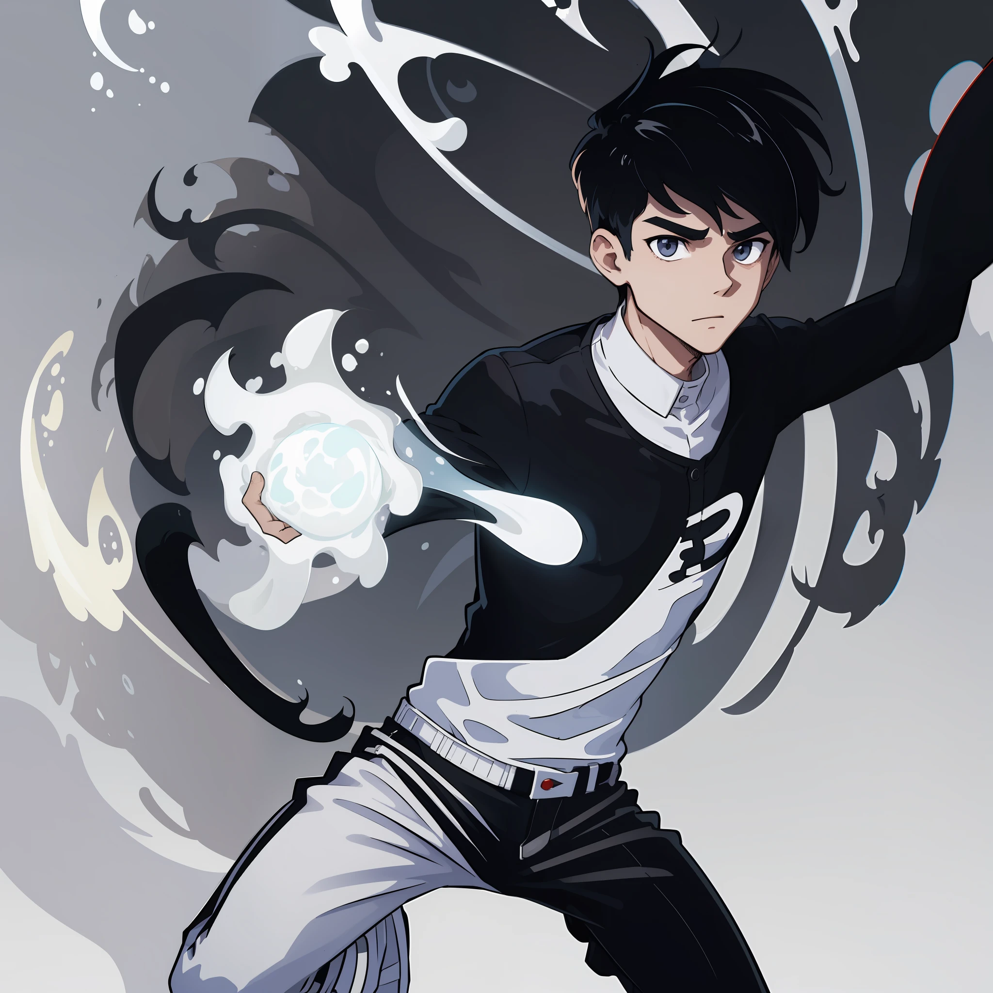 ((masterpiece, best quality)), white background, 1boy, upper_body, black hair, thin black coat, white t-shirt, black pants, cardigan black slim