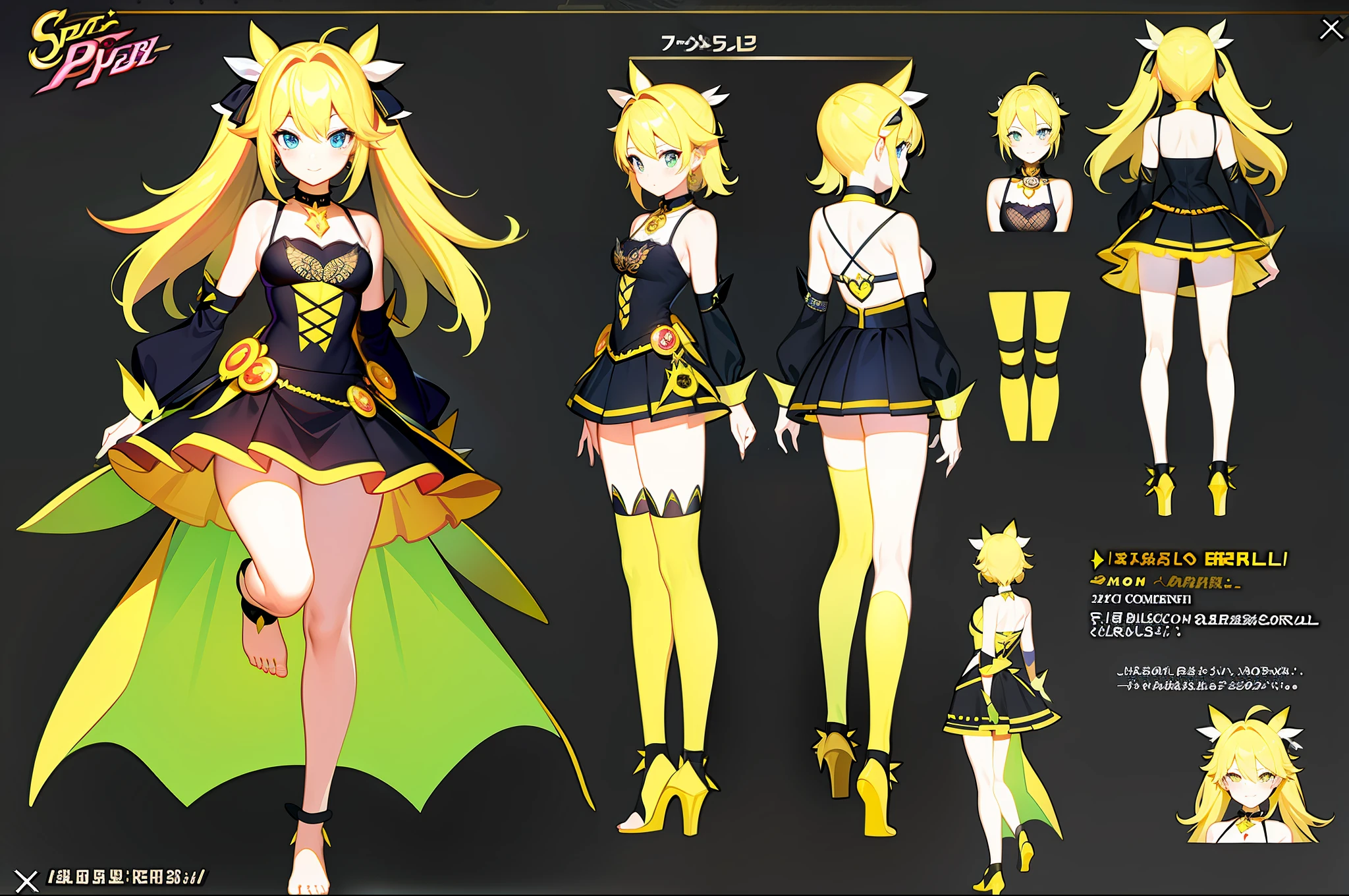 masterpiece,(best quality) magical girl,Lazer gun, yellow, spikey hair, medium sized breasts, unique design, barefoot,( ( character concept art ) )