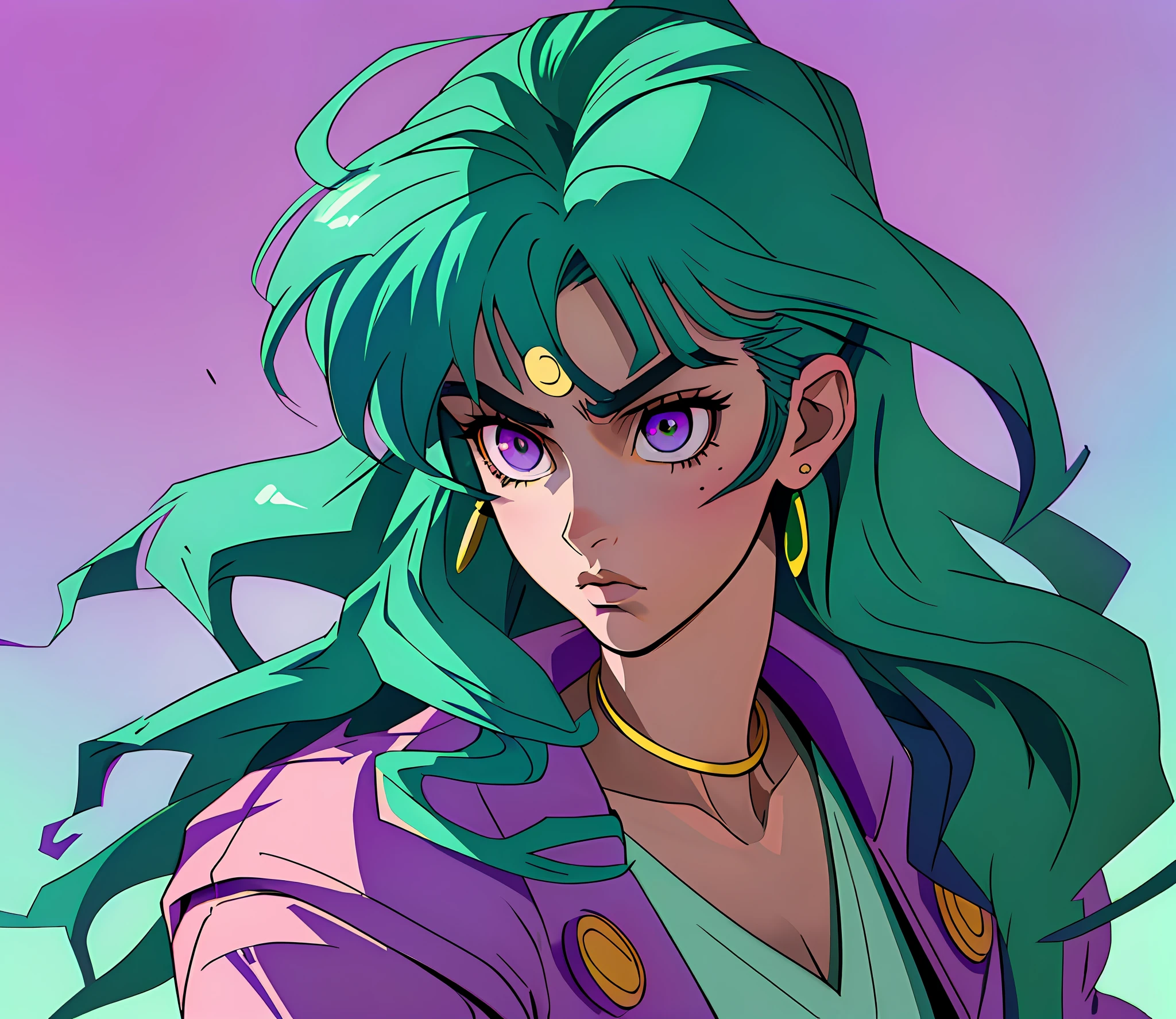 (best quality:1.3), (ultra-detailed:1.3), ((8k high quality detailed art)), (best shadow:0.7), (hair handled), ((long hair)), (sharp eyeliner, eyeshadow, detailed eyes:1.1), (detailed hair), sharp focus, hyper detailed, detailed eyes, eye focus, (illustration:1.1), highres, (extremely detailed CG unit 8k wallpaper:1.1), (mid shot1.25), (portrait:1.25), (solo:1.2), (((1boy))), (beautiful face:1.15), 80s anime art style, 80s anime vibe, sailor moon aesthetic, a closeup of a boy with green hair and purple eyes, with a purple jacket and a necklace, jojo anime style, in (jojo's bizarre adventure), male anime character, nagito komaeda