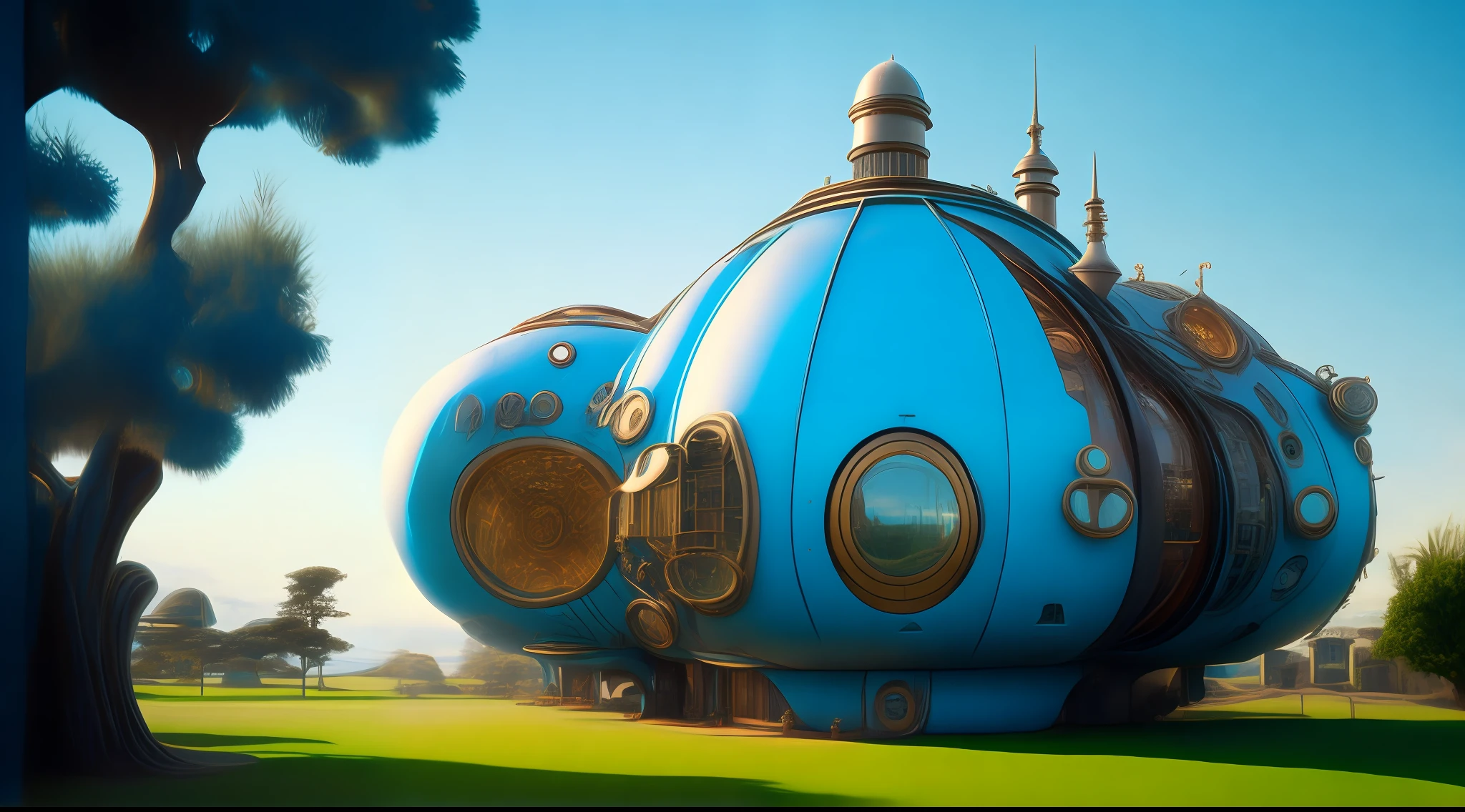 an extremely complex futuristic and advanced steampunk house, a spaceship in the garage, a beautiful blue lawn, 2 sun to the sky, 200mm lens