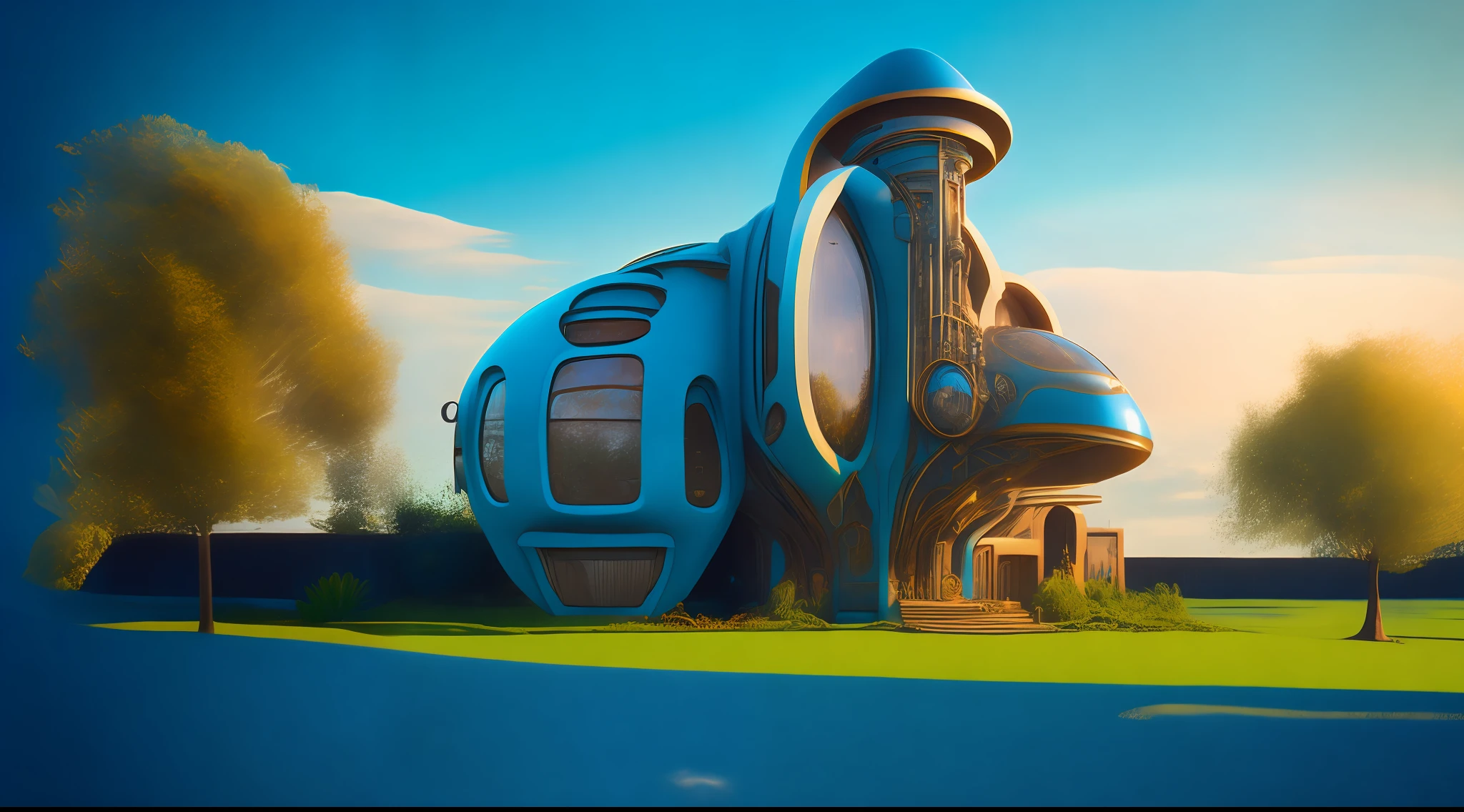 an extremely complex futuristic and advanced steampunk house, a spaceship in the garage, a beautiful blue lawn, 2 sun to the sky, 200mm lens