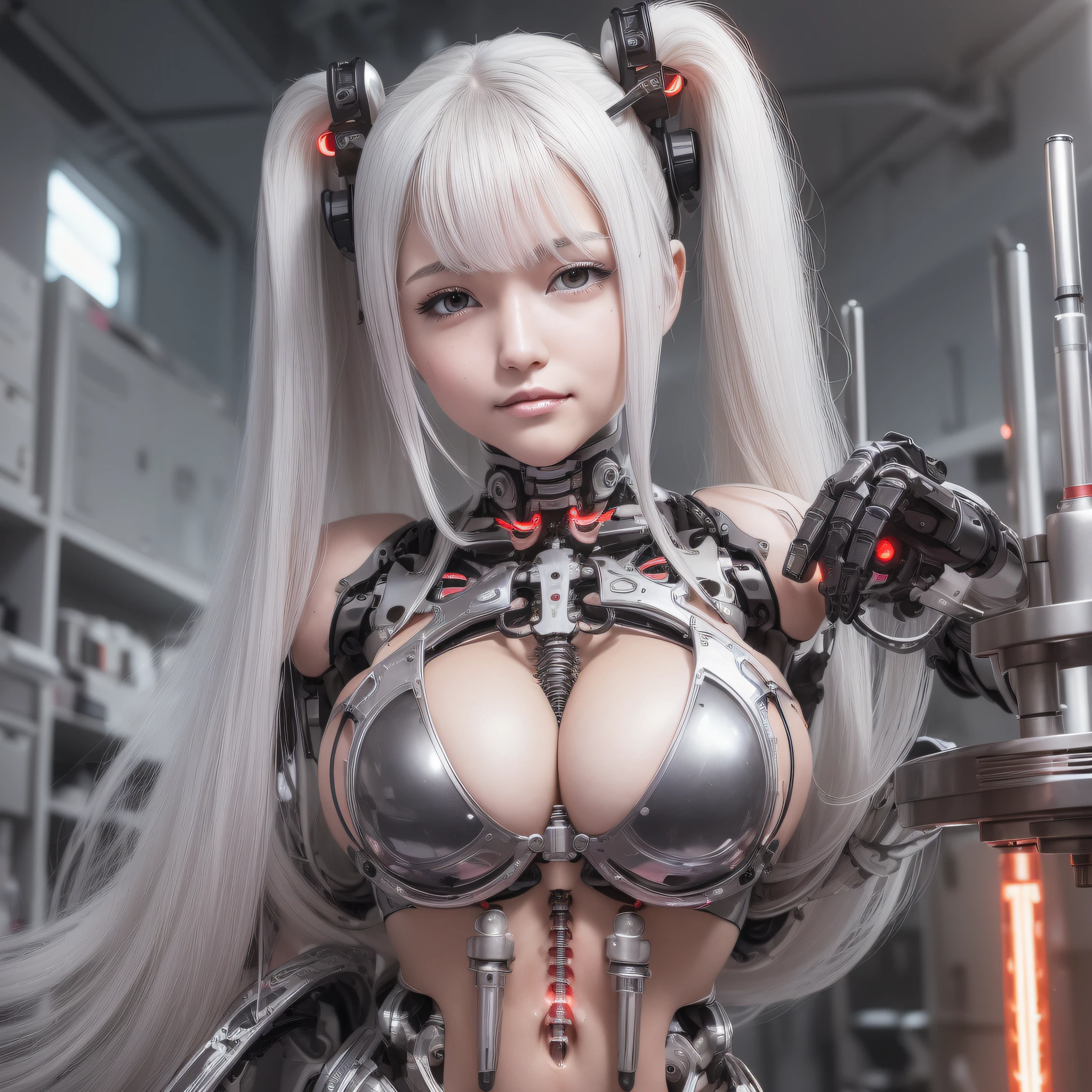 Beautiful Face,face is Japan, 1 Female, Big, Curvaceous, Top Quality, Masterpiece, Ultra Detailed, (Tube Attached Blood Vessel)((Bikini Cyborg Robot Parts)))), (Light Grey Hair), Long Hair, Wavy Hair, Twin Tails, Medium Shot, (((Seductive Smile)), (Black Eyes), Princess Cut,From Below, (whole body ),posing,,in the laboratory,( blood vessel connected to a tube),((mechanical vertebrae attached to the back)),((mechanical neck attached to the neck)),(wire cable attached to the head and body),(character focus),science fiction,