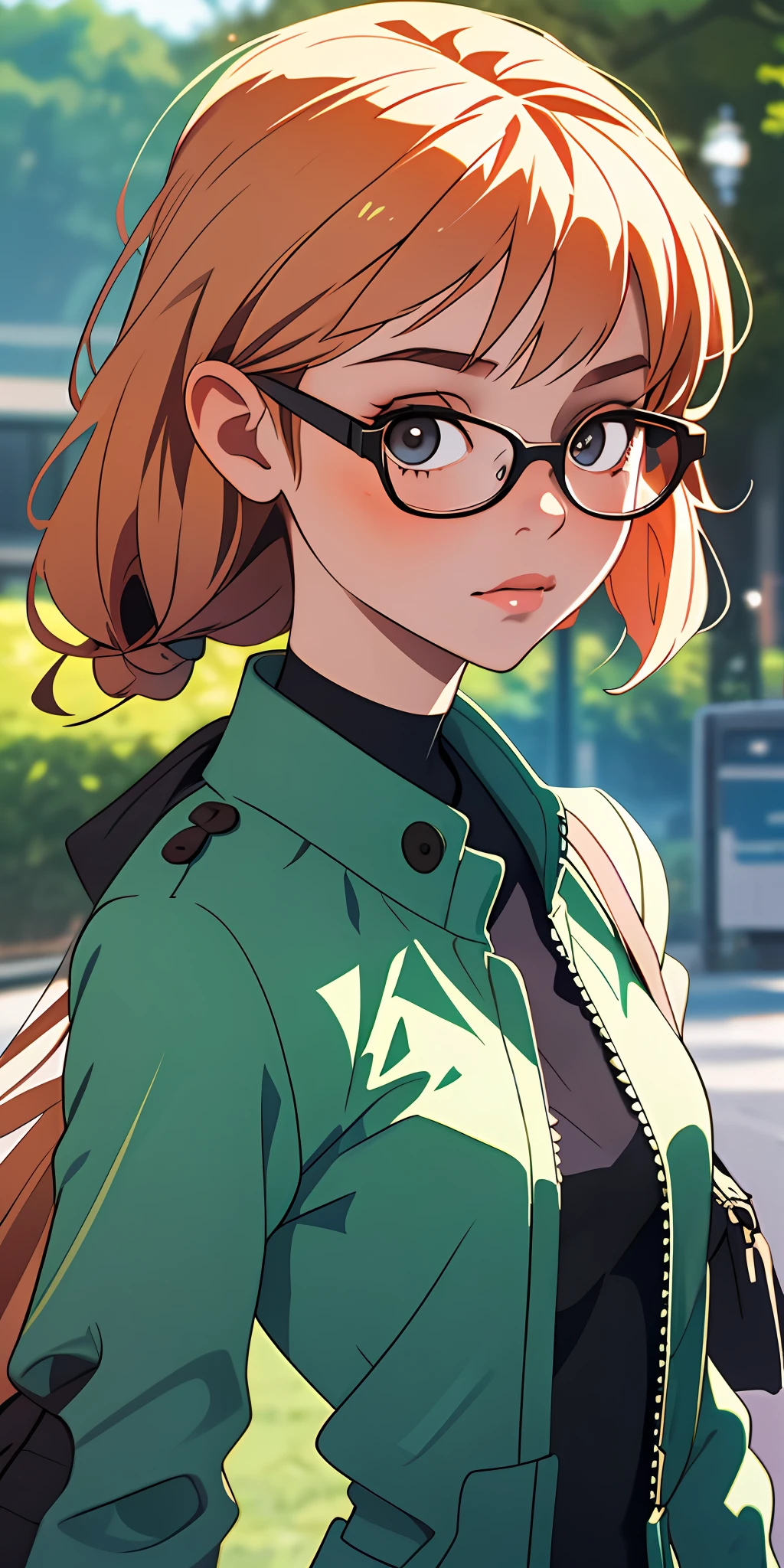 (Best quality, masterpiece), 1 girl, glasses, looking at the viewer, blurred background, upper body, contemporary, dress