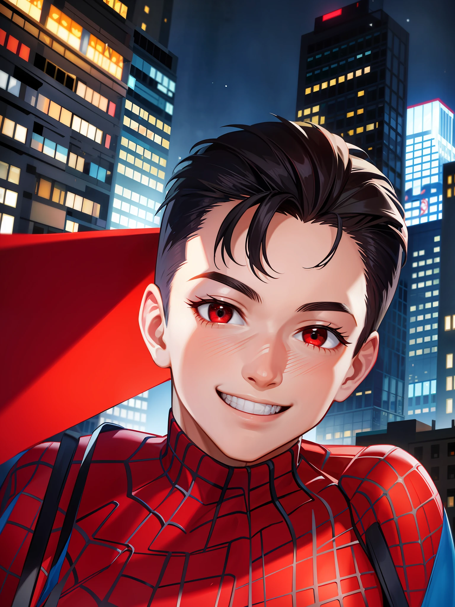 Man, red suit, spider-man skin,no mask, New York buildings, looking at viewer, smiling, Miles morales
