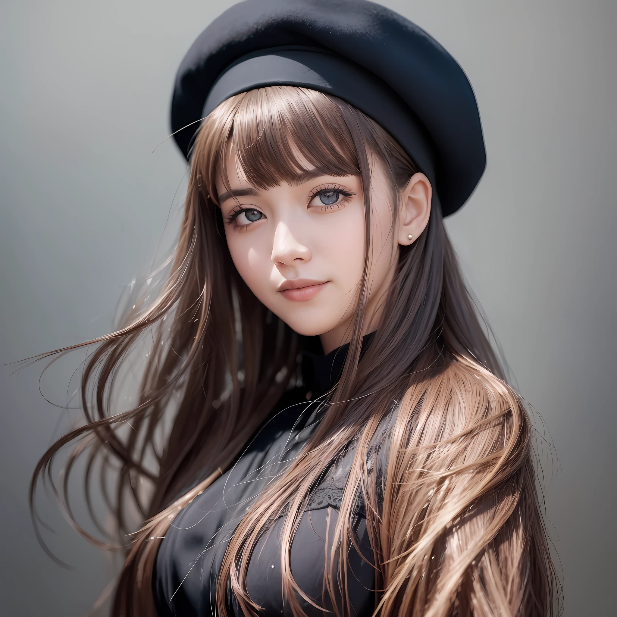 woman, dark background, wearing (dress), beautiful face, light eyes, beret, smiling, shadow --auto --s2