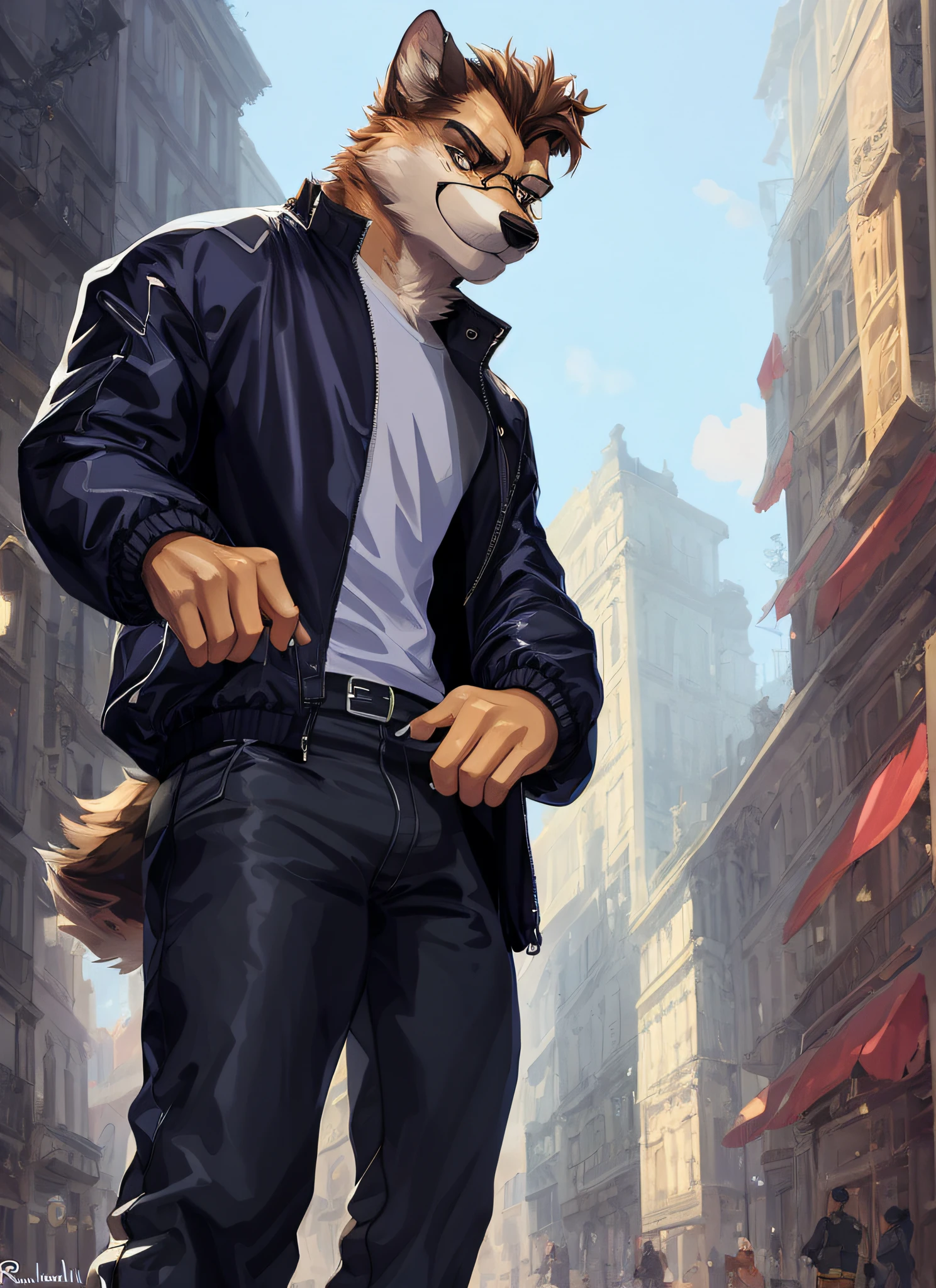 beautiful, masterpiece, 4k, 8k, uploaded in e621, by personalami, Michael &amp; Inessa Garmash, Ruan Jia, Pino Daeni, (solo_focus:1.5), (male) (furry) Anthro Hellhound, on the street, solo focus, face, detailed eyes (ultra realistic), detailed cute fur, cute ass, short hair, seductive pose, suit, pants, digital painting, natural lighting, photorealistic (windbreaker) (smug face) smiling (arrogant), glasses, steampunk,  ((detailed hairy hands)), full-body close-up, futuristic painting style