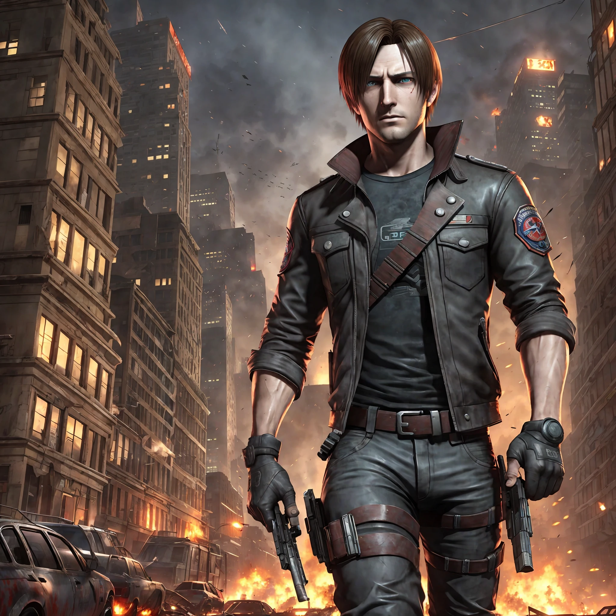 Leon Kennedy, Resident Evil 2, Raccon City, city at night, burning buildings, wrecked cars, zombies chasing after Leon Kennedy --auto --s2