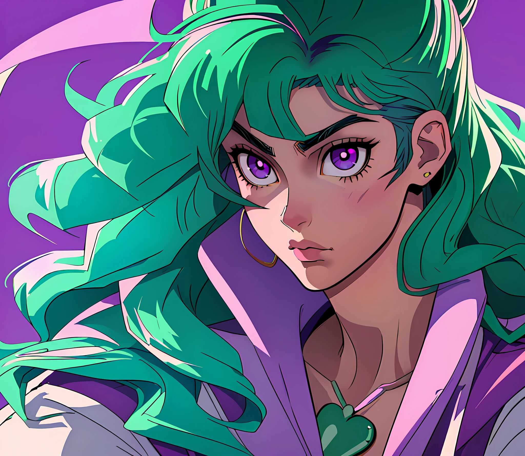 (best quality:1.3), (ultra-detailed:1.3), ((8k high quality detailed art)), (best shadow:0.7), (hair handled), (((male face)))), ((long hair)), (sharp eyeliner, shadow, detailed eyes:1.1), (detailed hair), sharp focus, hyper detailed, detailed eyes, eye focus, (illustration:1.1), highres, (extremely detailed CG unit 8k wallpaper:1.1), (mid shot1.25), (portrait:1.25), (solo:1.2), (((1boy))), (beautiful face:1.15),  80s anime art style, 80s anime vibe, sailor moon aesthetic, a closeup of a boy with green hair and purple eyes, with a purple jacket and a necklace, jojo anime style, in (jojo's bizarre adventure), male anime character, nagito komaeda