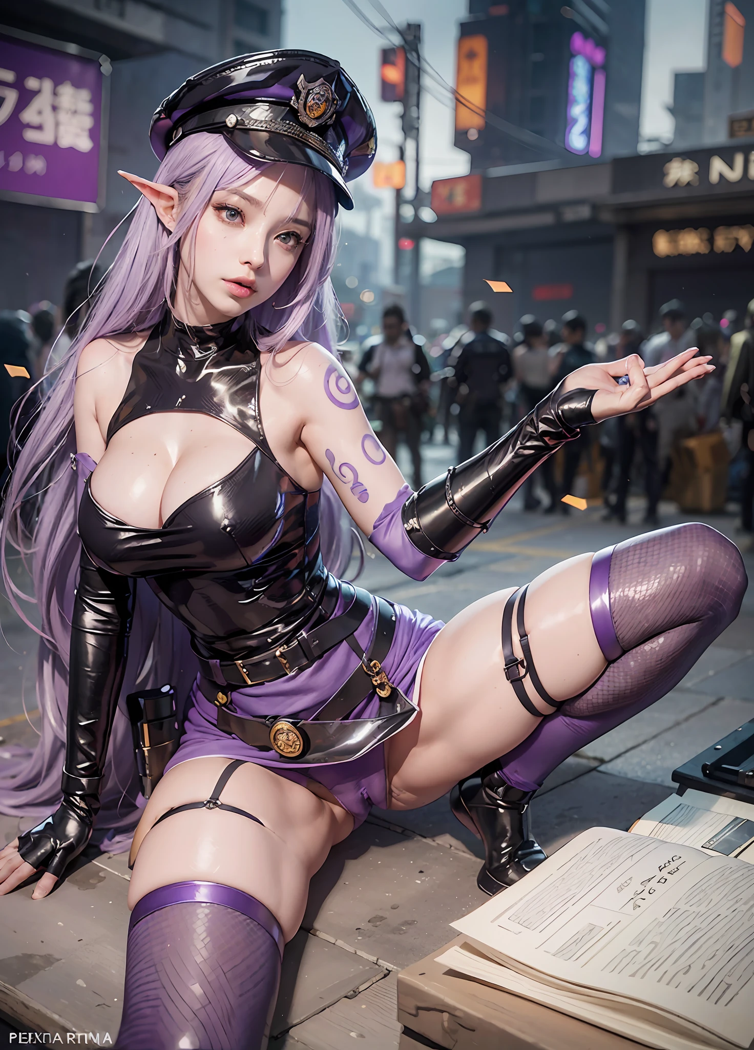 Soraka as a police officer, Futuristic Neo-Tokyo police car, Neo-Tokyo, cyberpunk, official secret police badge, police hat Prestige Soraka cop, sexy police uniform majestic, solo, alone, Dark Fantasy hentai, Bible Black, Female purple, small skirt with police belt, knee high stockings, tattoos, piercings, purple skin alien ta version of Soraka from League of Legends, Sexy lewd hentai ((Trending on Pixiv)), (anime realism), ((photorealistic Sexy)), ((mega large breasts, super curvy but slender, tiny waist, hourglass figure, trending fantasy art, six pack abs, exposing her breasts, massive camel toe, sexy breast indentation)), aroused, ((sfw, one girl)), solo, perfect body, perfect face, perfect hands, perfect fingers, perfect feet, perfect lips, perfect eyes, perfect background, perfect vibe, ((8k, highest resolution, 8k)), ray tracing, perfect volumetric lighting, octane render, high quality vector, ultra detailed, perfect red skin, (no abberations, clear picture), Azur Lane, Ecchi, perfect scene composition, cleavage, trending realism, female Prestige Soraka, lavender purple skin, minimalist background