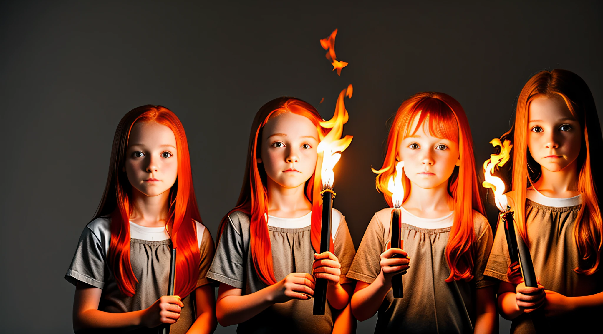 GIRLS CHILDREN REDHEADS WITH STRAIGHT HAIR, WITH FIRE TORCHES IN HAND, GRAY BACKGROUND.