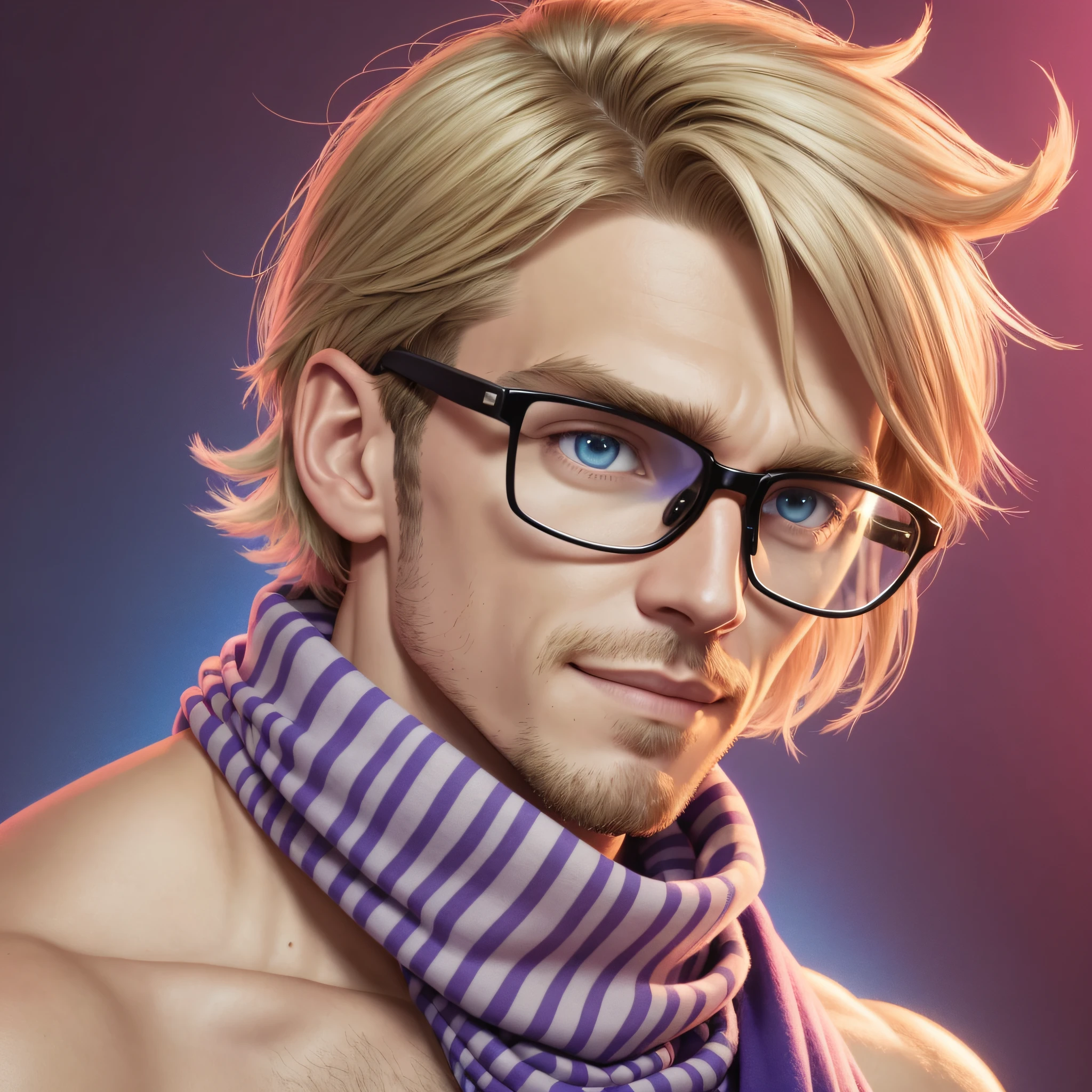 There's a man wearing glasses and a scarf posing for a photo facing the camera, taken in early 2020, blonde, short hair Jerma985, Jerma 9 8 5, Twitch streamer/gamer Ludwig, circa 1 9 years, profile picture, profile picture 1024px, headshot profile picture, cartoon, realistic, 3d, skottie young, soft pastel colors, standing character, front image, recording a video --auto --s2