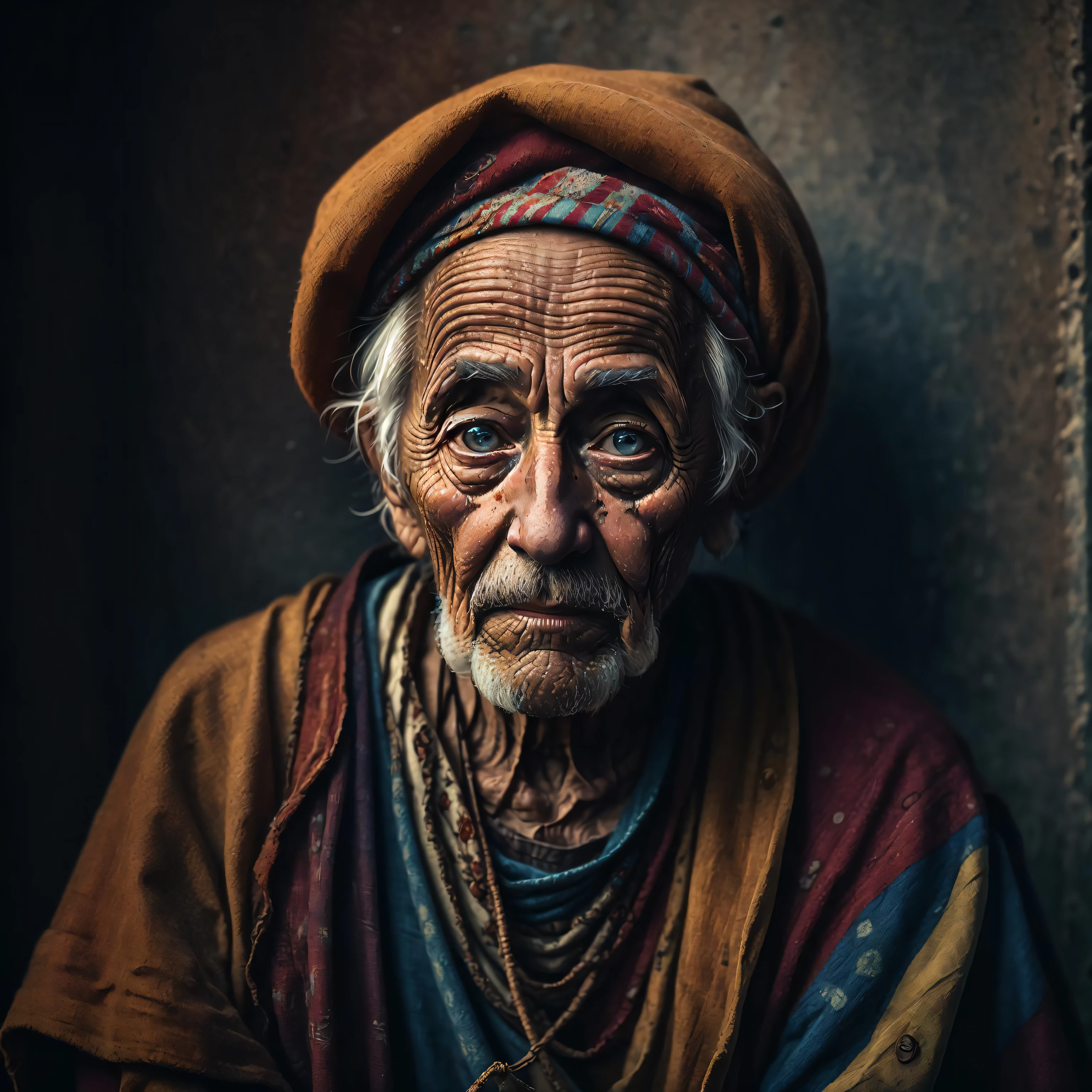 An old beggar, colorful,
yang08k, photography, beautiful,  black background,
masterpieces, top quality, best quality, official art, beautiful and aesthetic,  realistic,