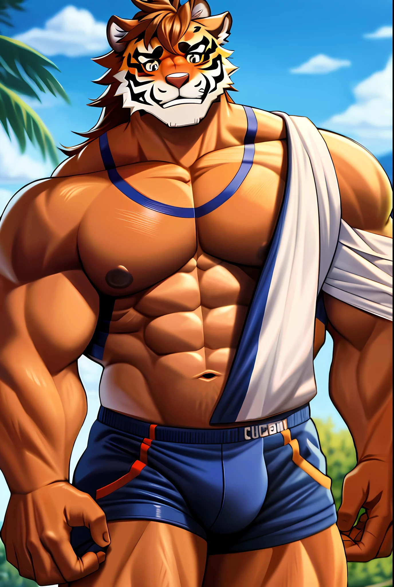 Bara, furry, a tiger, 25 year old man, big muscle, bodybuilder
