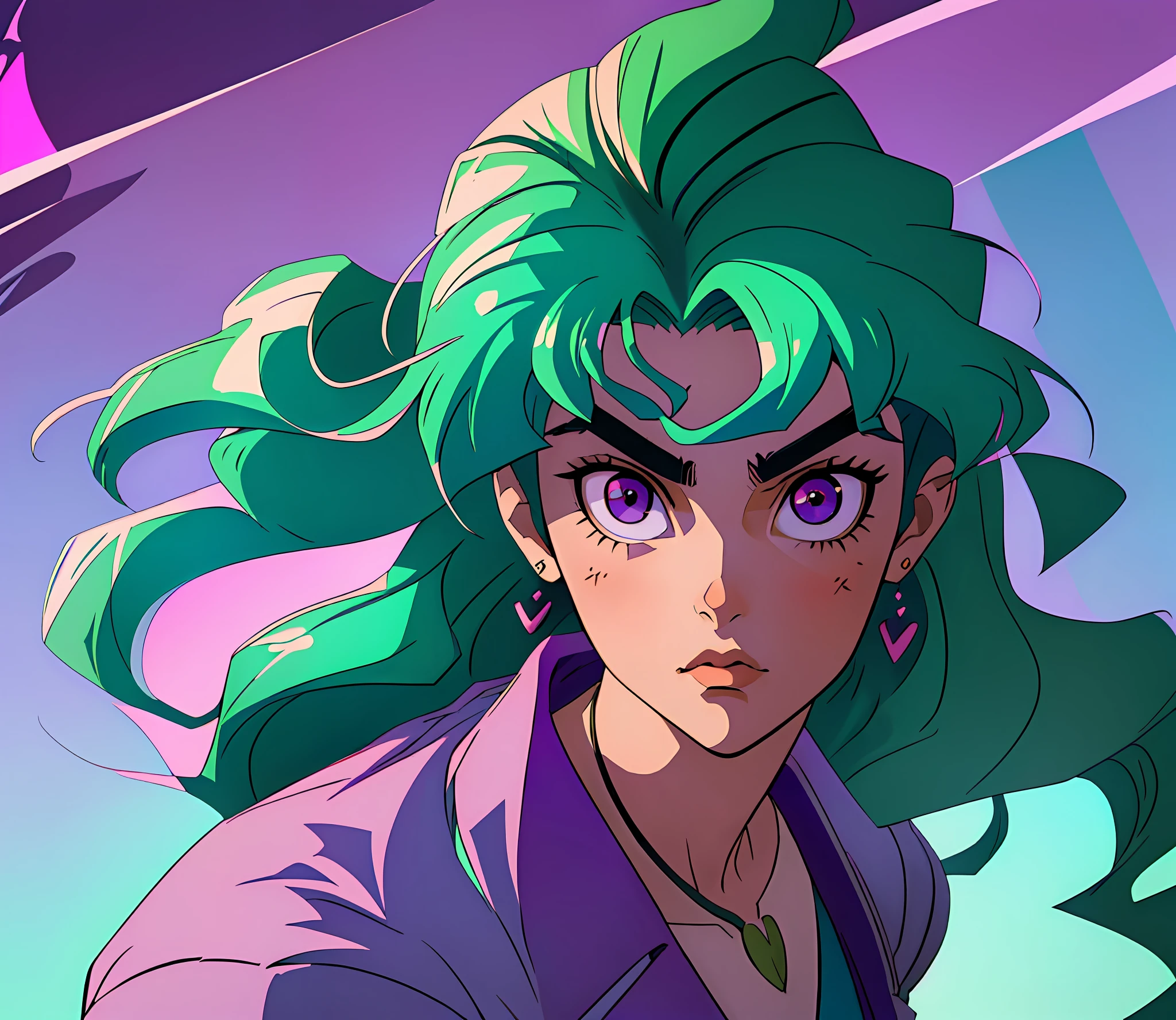 (best quality:1.3), (ultra-detailed:1.3), ((8k high quality detailed art)), (best shadow:0.7), (hair handled), (((male face)))), ((long hair)), (sharp eyeliner, shadow, detailed eyes:1.1), (detailed hair), sharp focus, hyper detailed, detailed eyes, eye focus, (illustration:1.1), highres, (extremely detailed CG unit 8k wallpaper:1.1), (mid shot1.25), (portrait:1.25), (solo:1.2), (((1boy))), (beautiful face:1.15),  80s anime art style, 80s anime vibe, sailor moon aesthetic, a closeup of a boy with green hair and purple eyes, with a purple jacket and a necklace, jojo anime style, in (jojo's bizarre adventure), male anime character, nagito komaeda