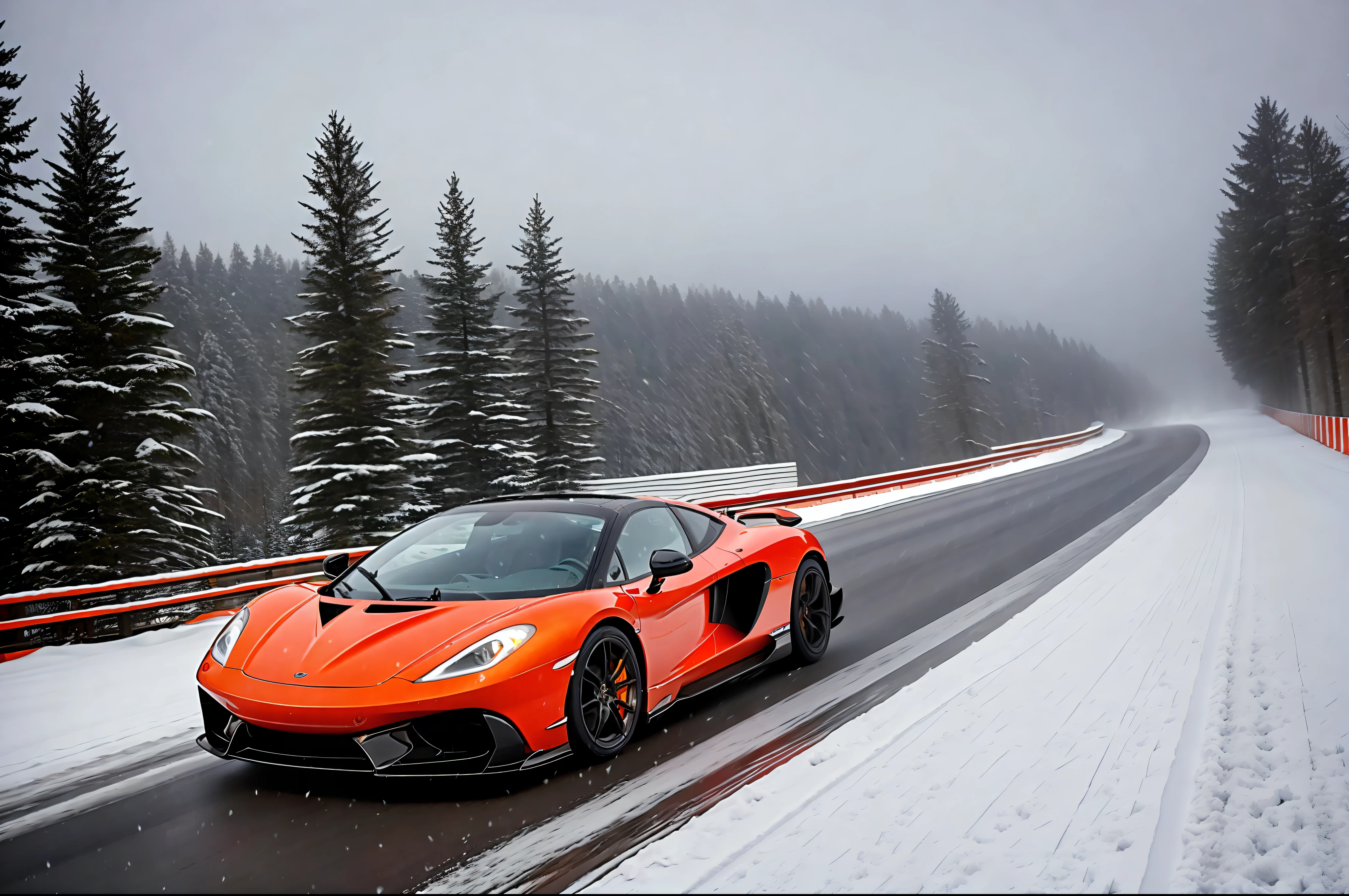 MC laren on a road at 300km per hour snowing