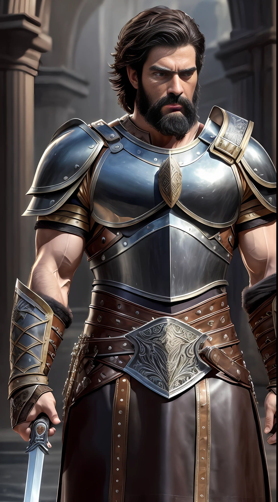masterpiece, high quality, best quality, beautiful, hd, realistic, perfect lighting, detailed face, detailed body, 1 man, solo, short black hair, brown eyes, black short beard, gladiator style brown leather clothing : 1.4), leather breastplate, 1 sword in the hands, war battle background, muscular, robust, angry look, --auto --s2