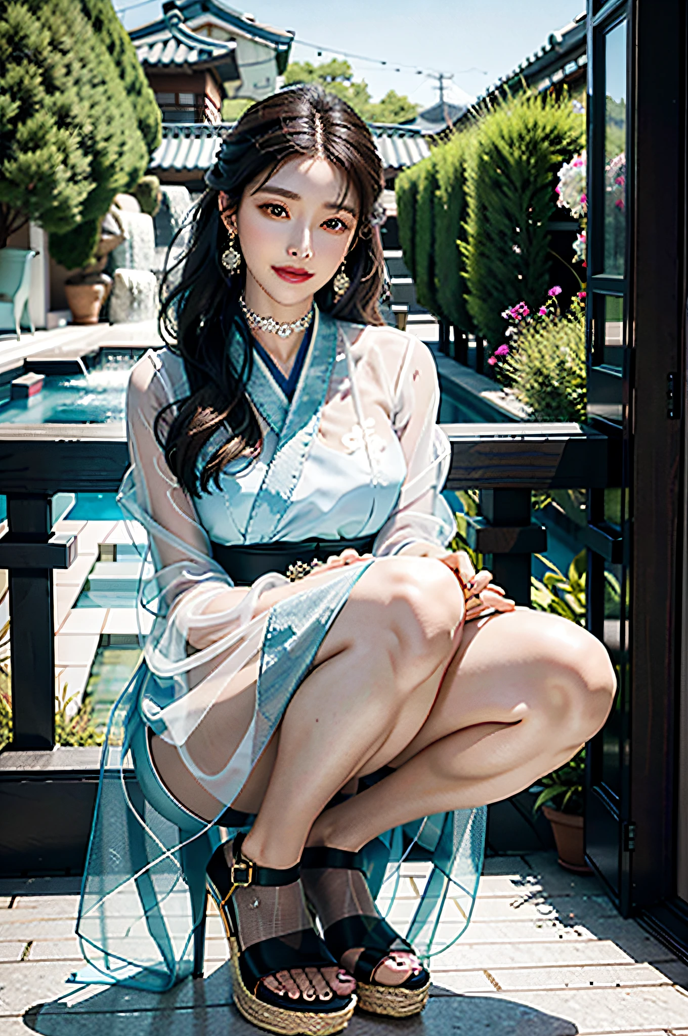 delicate, masterpiece, beautiful detailed, colourful, finely detailed,detailed lips, intricate details, (1 woman:1.1), (a gorgeous beautiful 30 age years old sexy korean woman:1.1),(kpop idol, korean mixed), (tied hair:1.1), (50mm Sigma f/1.4 ZEISS lens, F1.4, 1/800s, ISO 100, photograpy:1.1), large breast,(photorealistic:1.1), solo, looking_at_viewer, tall female, ,happy smile, from_front, earrings, slim_legs, skinny, thigh_gap, model, lens flare, choker,(hanbok+see-through silhouette, wedge heels:1.3), korean commentary, korean_street, korean_traditional_house,1boy,, squatting cowgirl position, vaginal, pov,