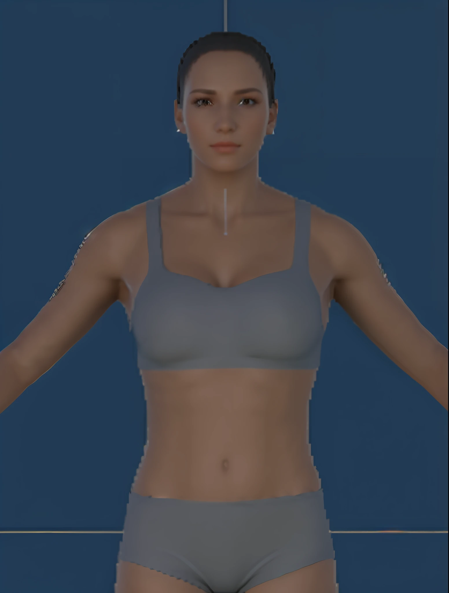 A closeup of a woman in a gray panties and a gray bra, upper body avatar, upper body 2D game avatar, highly detailed upper body, subsurface spreading skin, precise body features, 3D demo coil avatar, detailed upper body, precise skin textures, upper torso included, visible upper body, female human torso, female character, highly detailed body