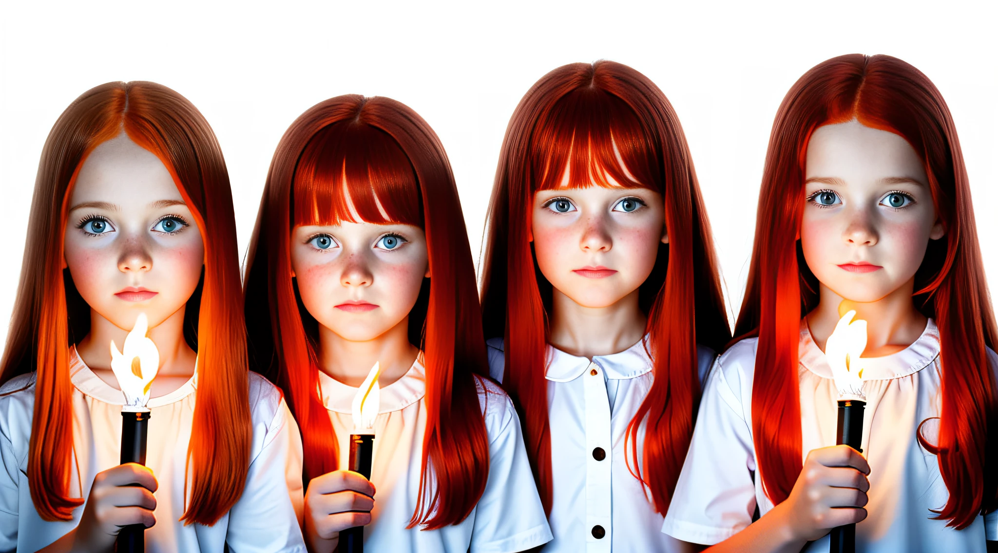 girls  REDHEADS WITH STRAIGHT HAIR, WITH TORCHES OF FIRE IN HAND, WHITE BACKGROUND.