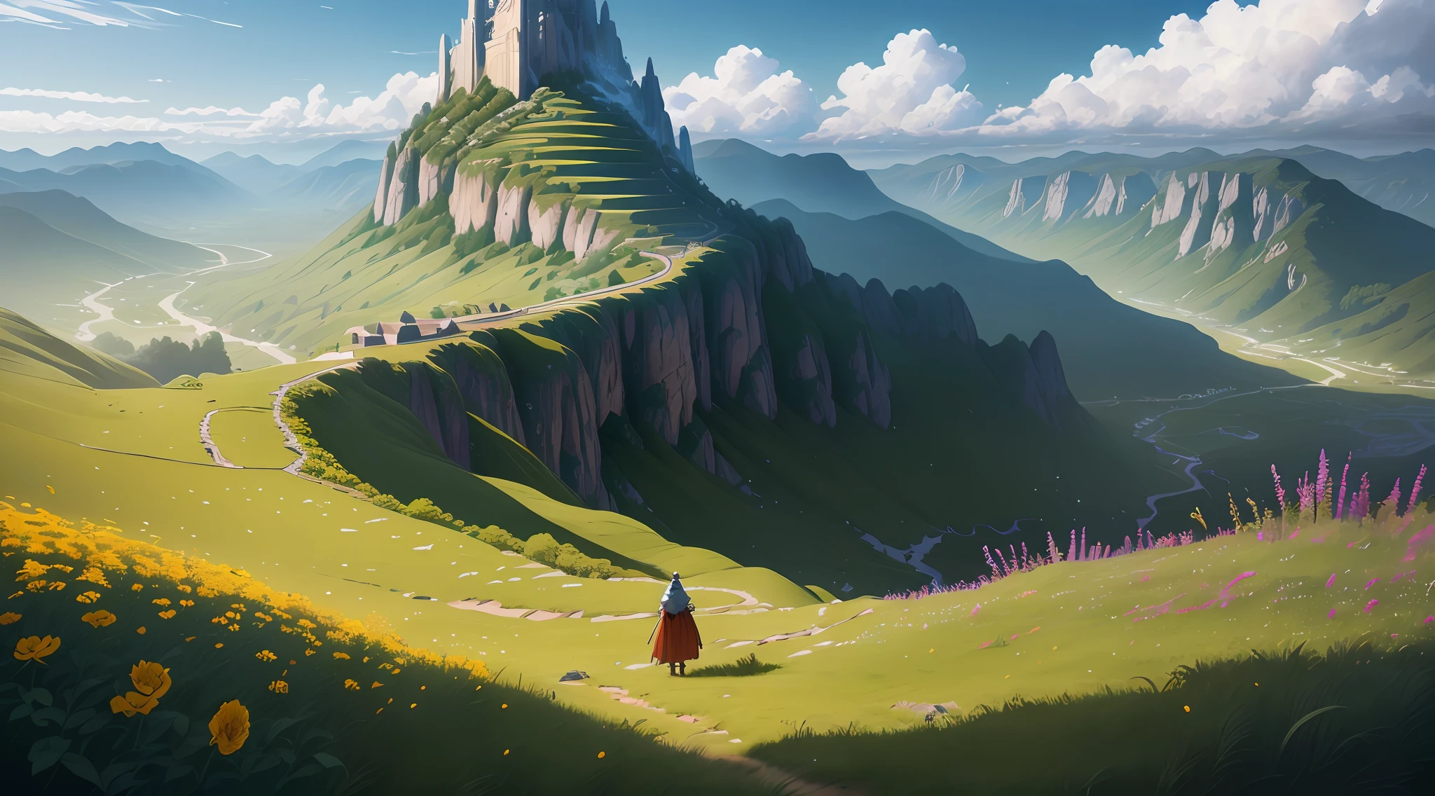 (8k unit wallpaper CG extremely detailed, masterpiece, best quality, ultra-detailed), (((solo))), ((wide shot:1.5)), (a warrior on a hill looking at an immense valley), wind swinging the cover, magnificent scene, diverse environment with flowers, leaves in the wind, illustrator, (best illustration)