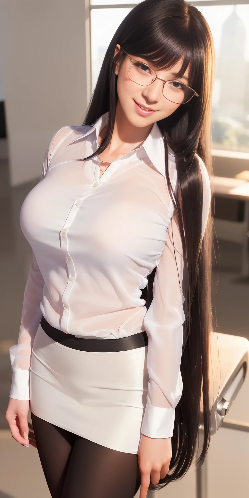 ((realistic, 1girl, big smile, long straight black hair, bangs, pure face, office background, glowing eyes, glasses, white shirt, pencil skirt, pantyhose, (blush, blush), fantasy art, ethereal beauty, 8k high quality detail art, beautiful fantasy, beautiful youth, guweiz, cgstation trend))