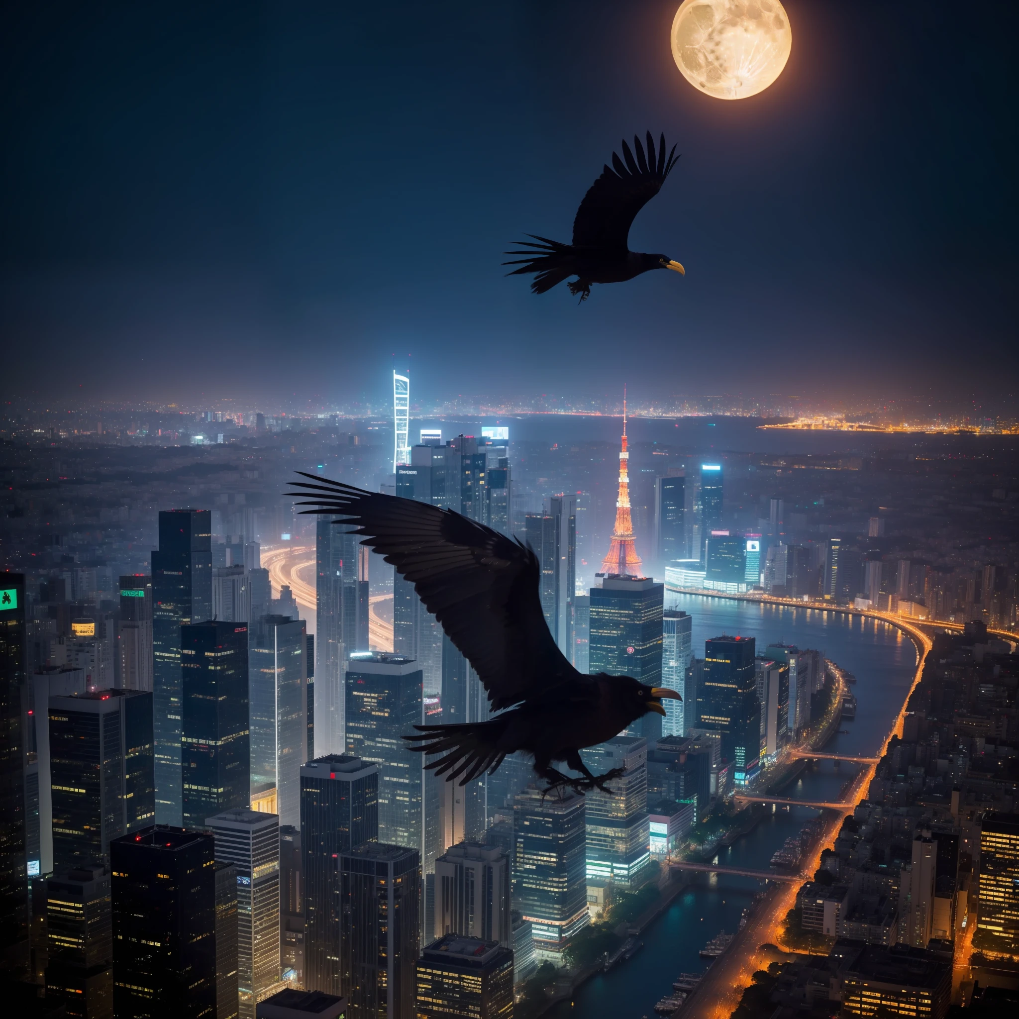 Create a captivating work of art with 1 three-legged crow gracefully soaring through the night sky. Set the scene against the backdrop of a full moon, casting an ethereal glow over the bustling city of Tokyo. The crow's wings must be extended, displaying its majestic flight, while Tokyo Tower stands tall in the distance, its lights flickering in the darkness. Let the work evoke a sense of mystery and wonder, capturing the beauty of this unique creature and the vibrant city below, anger, surrealism, cinematic lighting, bokeh, Ultra-Wide Angle, 8k, high quality, high details