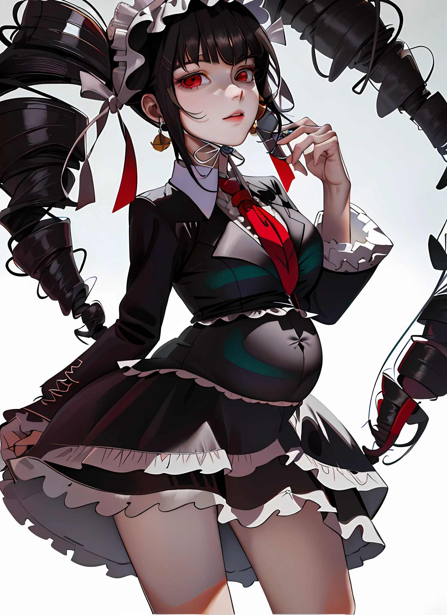 (masterpiece:1.2, best quality), (real picture, intricate details), (centered image composition), 1girl, solo,mature, milf, simple background, field of depth, front_light, pregnant, five fingers, celestia Ludenburg, has black hair in two large twin-drill pigtails, red eys
