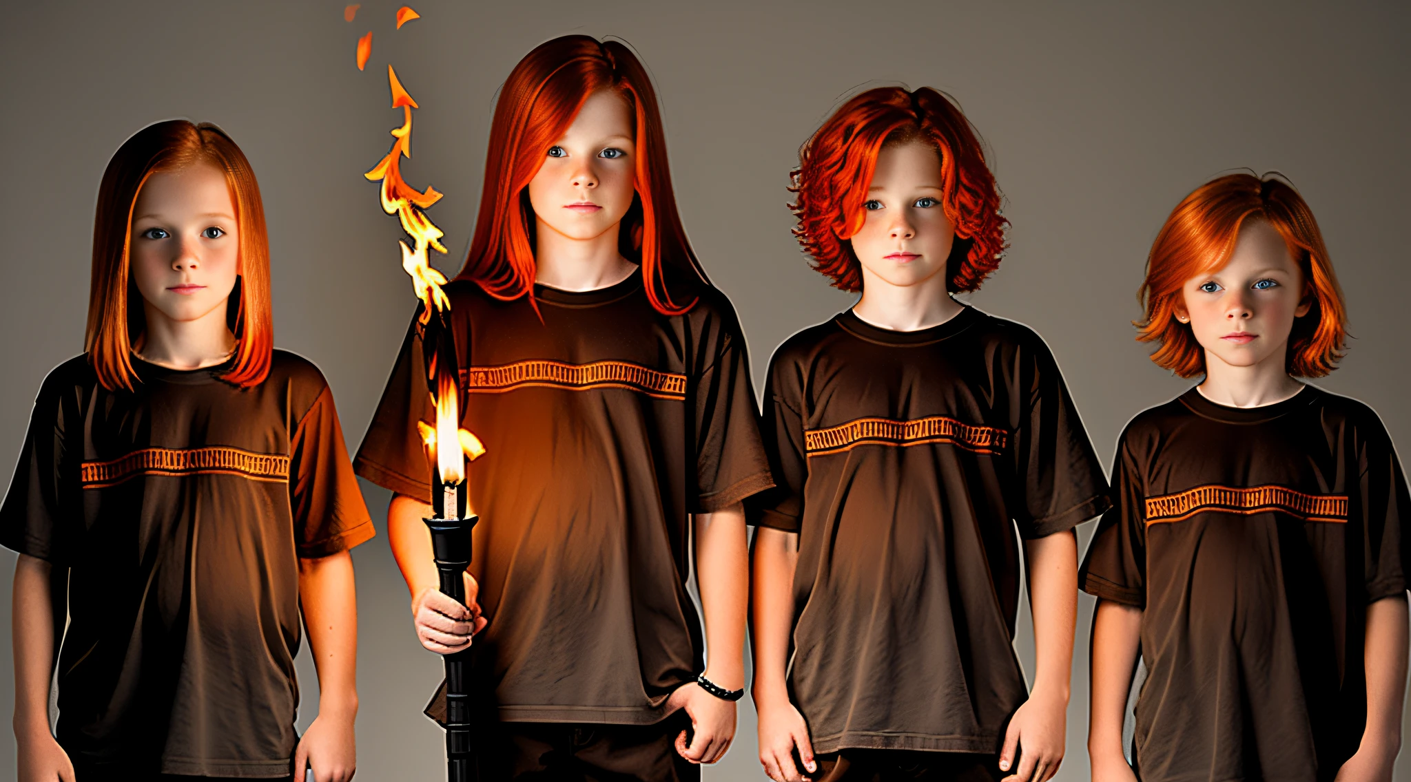 REDHEAD CHILDREN BOYS WITH STRAIGHT HAIR, WITH FIRE TORCHES IN HAND, GRAY BACKGROUND.