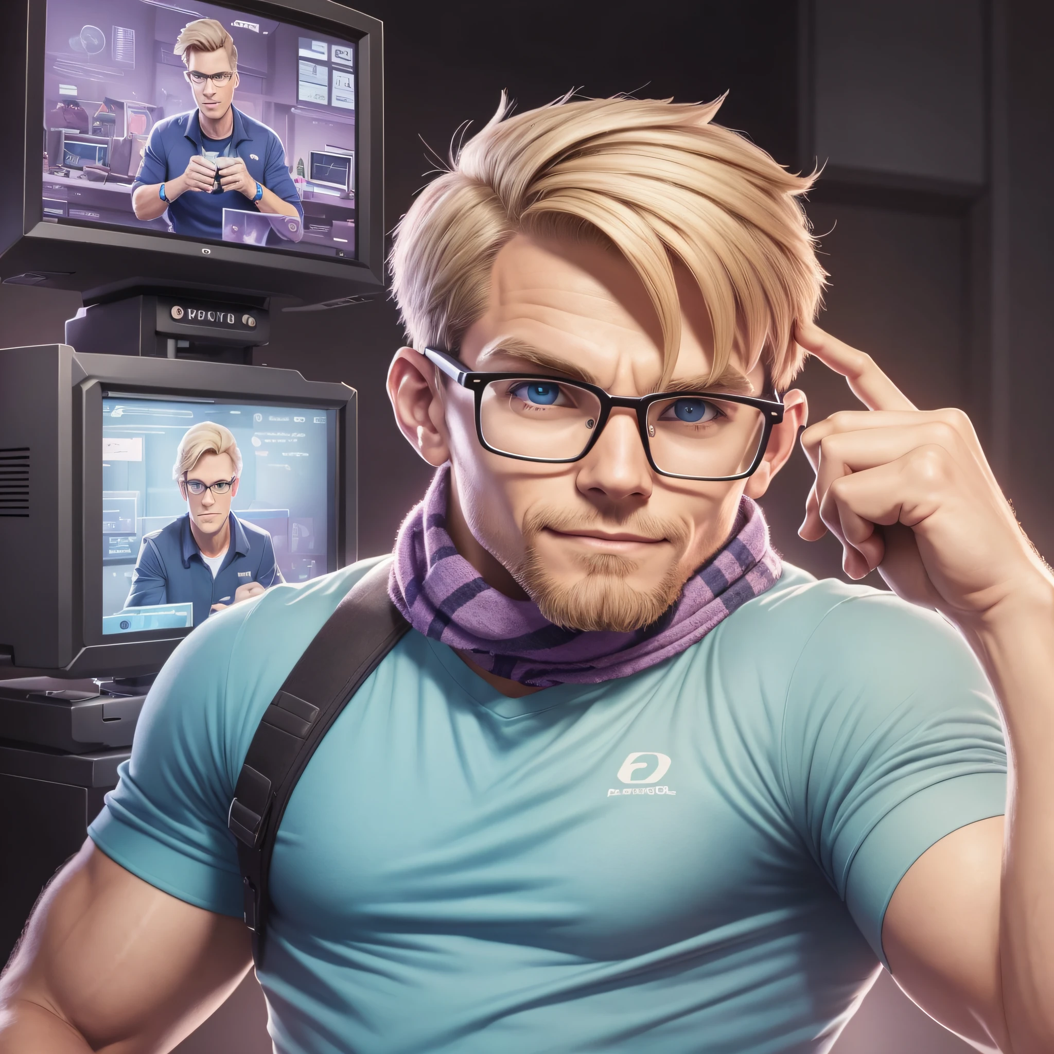 There's a man wearing glasses and a scarf posing for a photo facing the camera, taken in early 2020, blonde, short hair Jerma985, Jerma 9 8 5, Twitch streamer/gamer Ludwig, circa 1 9 years, profile picture, profile picture 1024px, headshot profile picture, cartoon, realistic, 3d, skottie young, soft pastel colors,  standing character, front image, recording a video, strong, muscular, beautiful, information technology --auto --s2