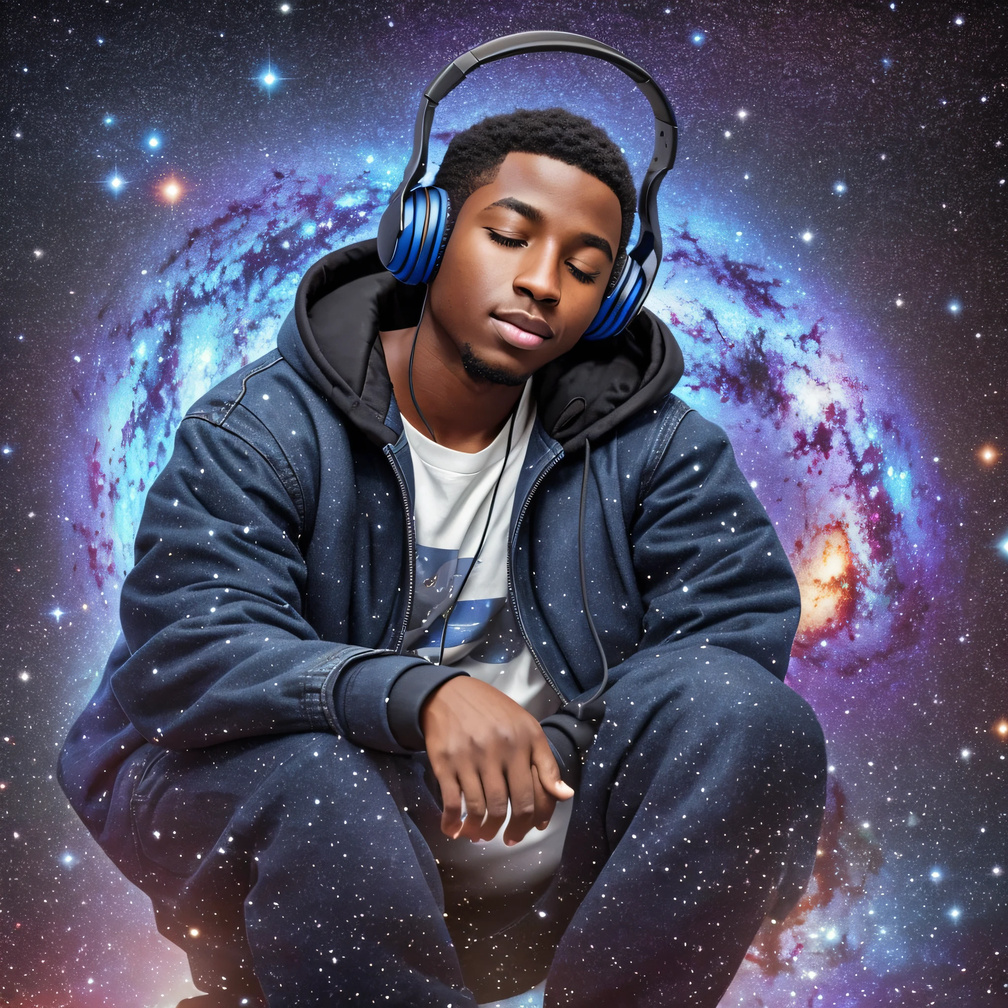A black boy in a blue coat sitting listening to music with big headphones. Eyes closed in the middle of a galaxy --auto --s2