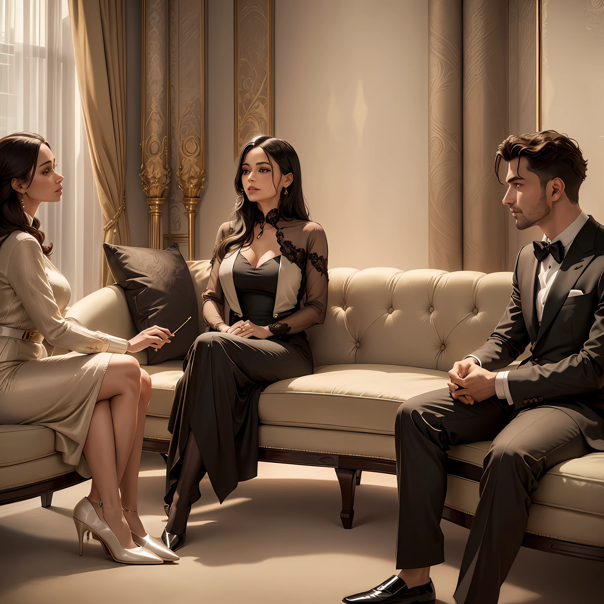 "Two women and a man in a modern and elegant hotel room, dressed in luxurious and elegant clothes, chatting in a relaxed and confident tone while enjoying the comfort of the sofas. The lighting is cozy, the colors are warm and rich, and the atmosphere is one of intimacy. A soft violin provides a pleasant soundtrack in the background."