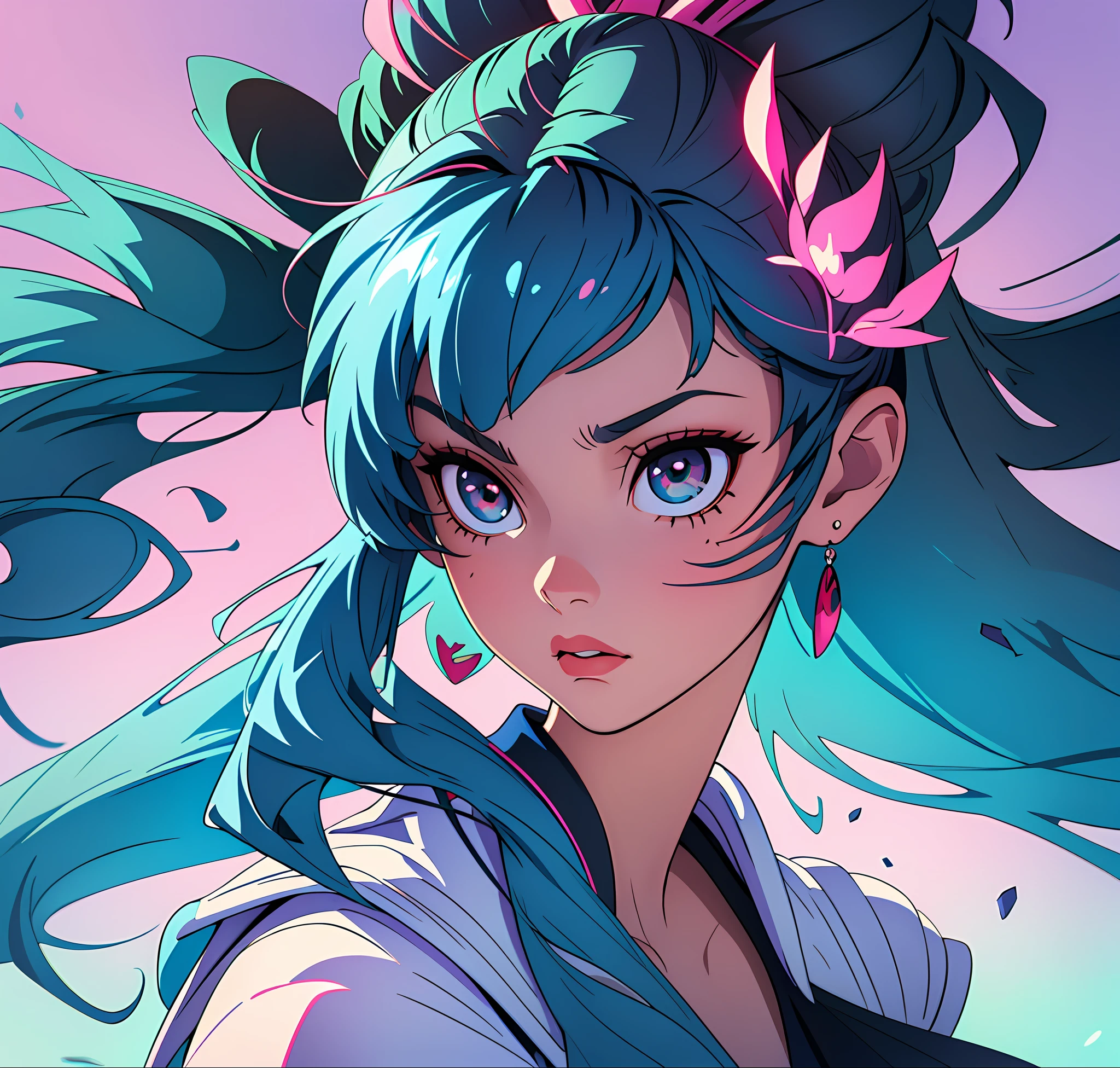 (best quality:1.3), (ultra-detailed:1.3), ((8k high quality detailed art)), (best shadow:0.7), (hair handled), ((long hair)), (sharp eyeliner, eyeshadow, detailed eyes:1.1), (detailed hair), perfect anatomy, sharp focus, hyper detailed, detailed eyes, eye focus, (illustration:1.1), highres, (extremely detailed CG unit 8k wallpaper:1.1), (mid shot1.25), (portrait:1.25), (solo:1.2), (((1girl))), (beautiful face:1.15),  Anime girl with long blue hair and black eyes wearing a necklace and earrings, 80s anime art style, 80s anime vibe, sailor moon aesthetic